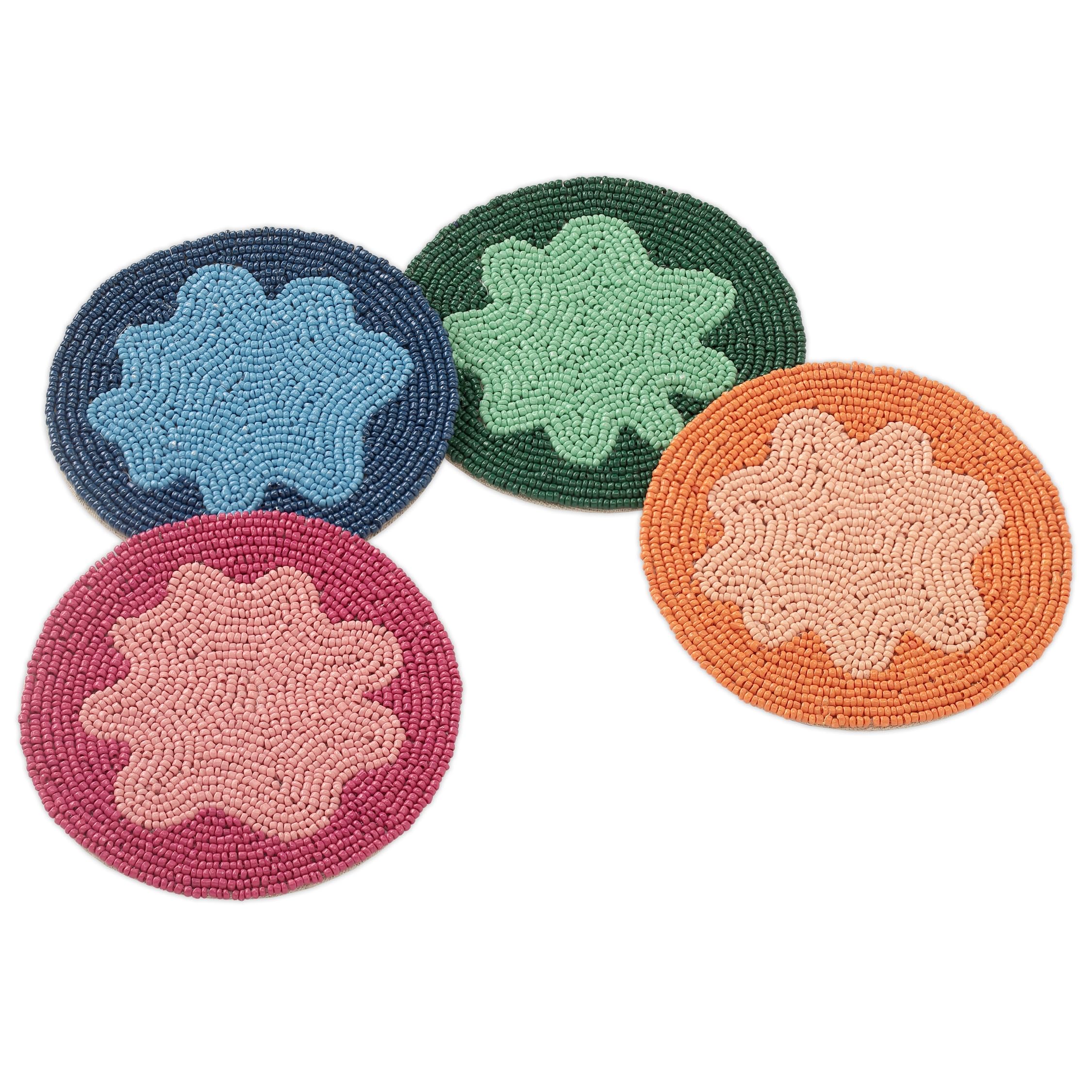 Folkulture Farmhouse Coasters, Pack of 4 -Cute Boho Design Coaster for Coffee Table, Modern Bar or Rustic Wooden Table, Beaded Decorative-Coaster-(Abstact Flora)