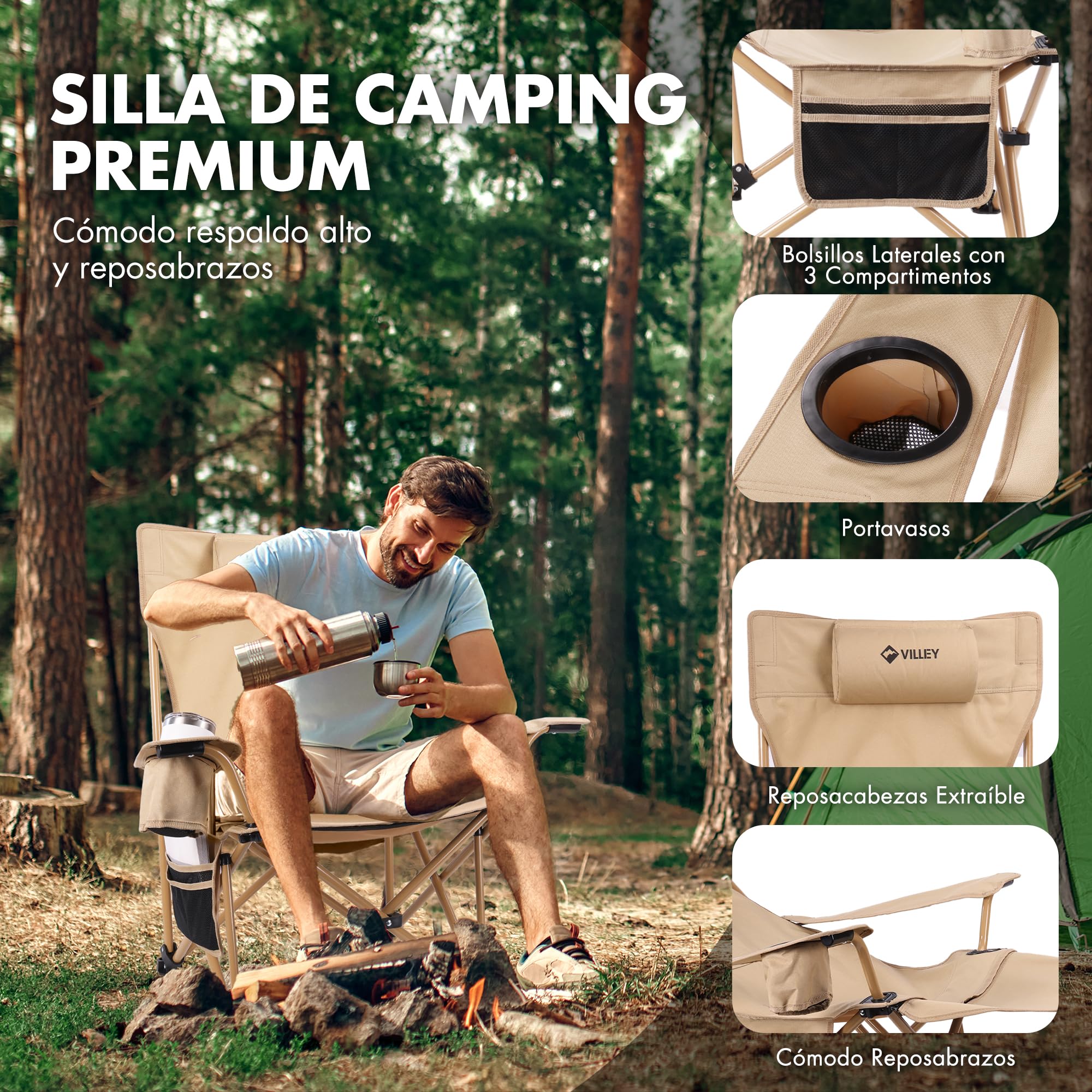 VILLEY Silla de Camping Plegable con Reposapiés, Reposacabezas y Bolsa de Almacenamiento, Silla Plegable para Camping, Playa, Jardín, Pesca, Soporta hasta 150 kg, Beige