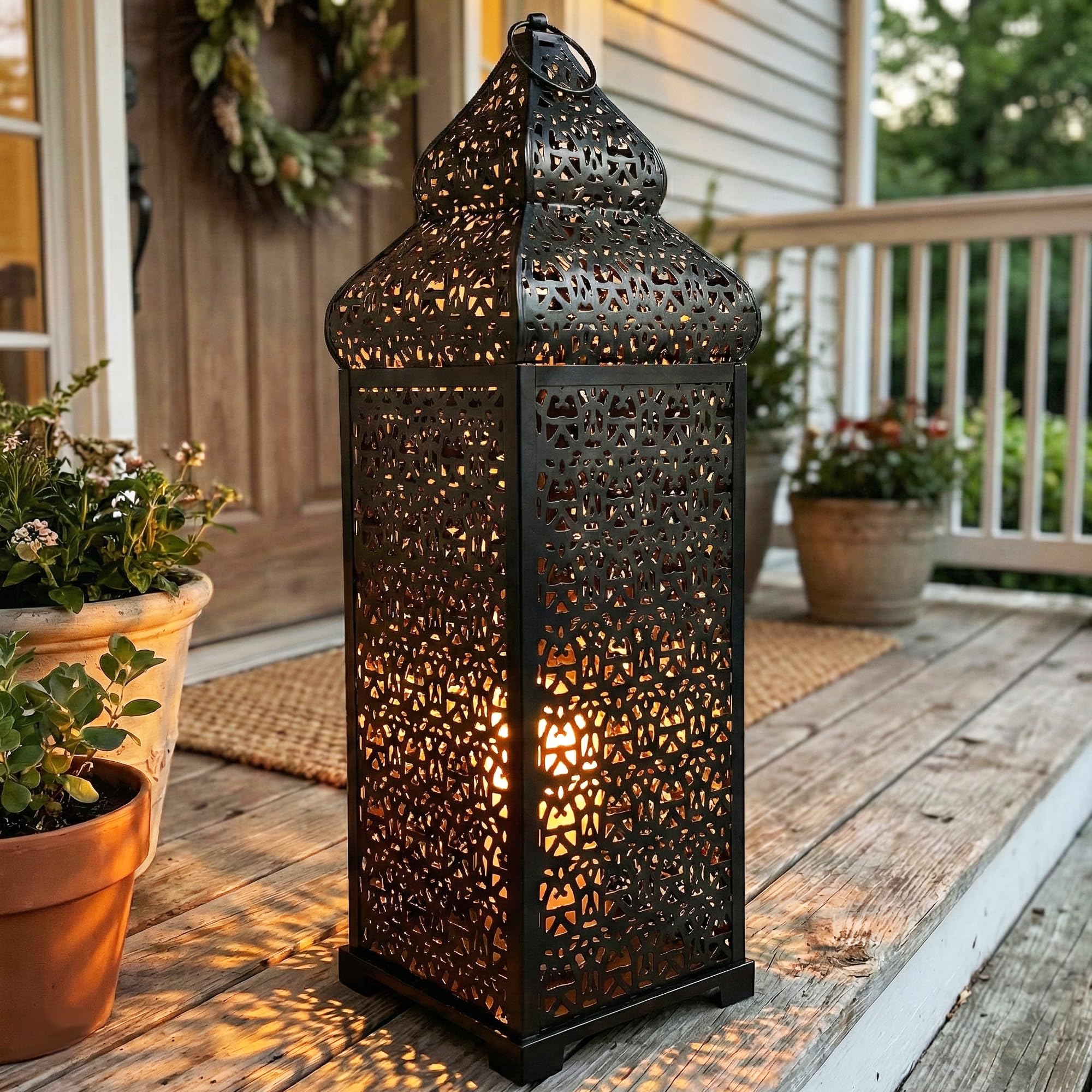 VELA LANTERNS Lanterne marocaine extra large de 56 cm pour décorations de Ramadan, à suspendre, terrasse ou porche, décoration d'intérieur - Noir
