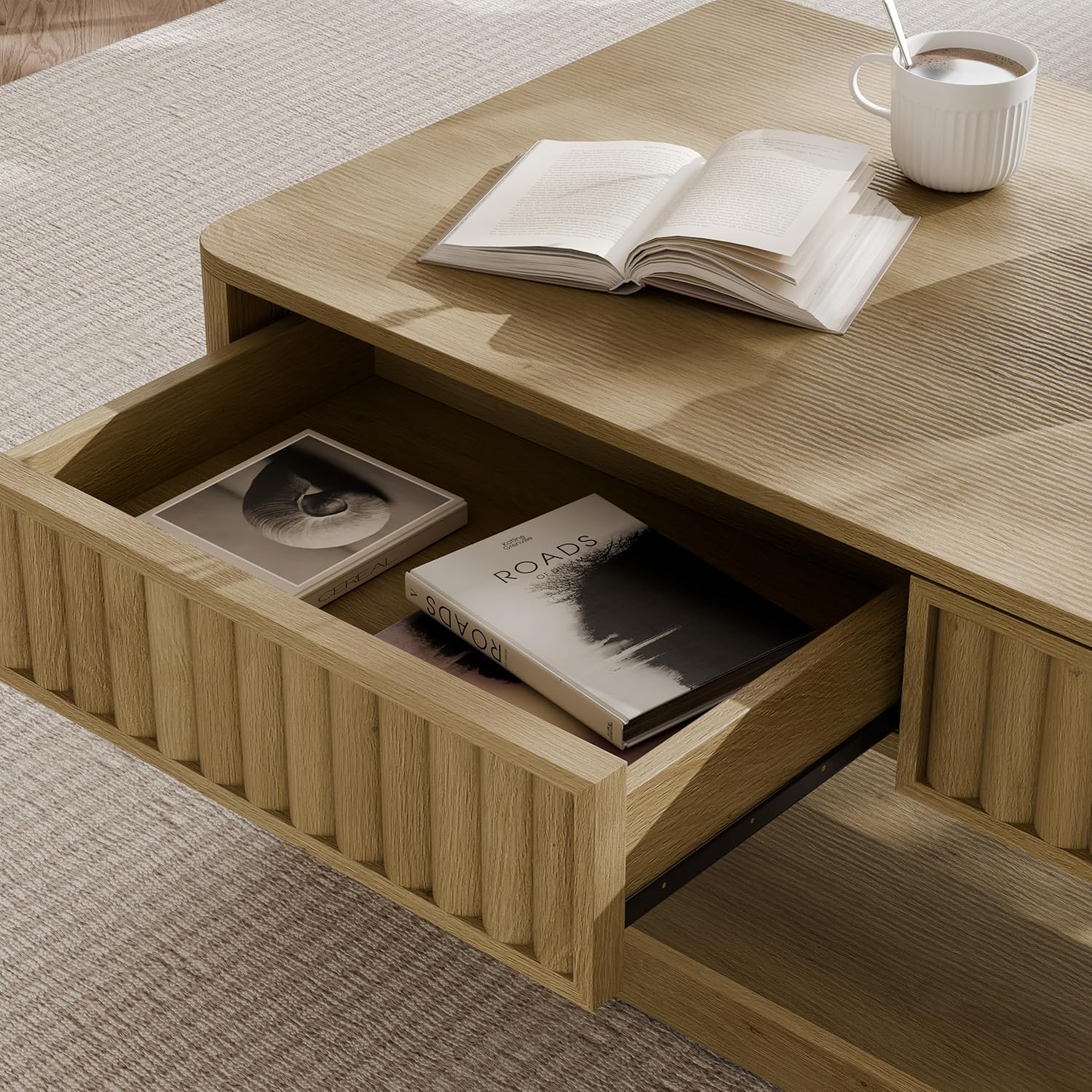 Lab Cosi Coffee Table with Storage,40" Coffee Table with Open Shelf, Fluted Tea Table with Storage Drawers, Modern Curved Center Table for Living Room,Bedroom,Home Office,Natural