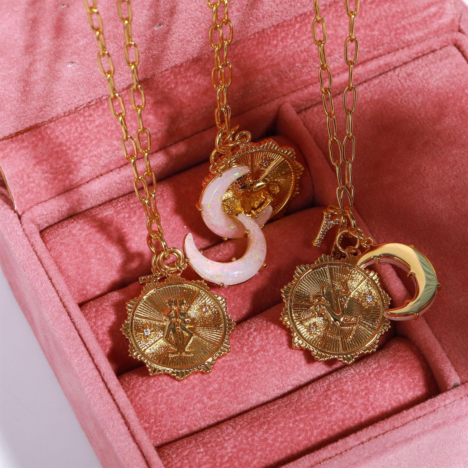 Dainty Gold Zodiac Embossed Coin Opal Crescent Moon Charm Necklace for Women Trendy 18K Gold Plated Retro Paperclip Chain 12 Constellation Horoscope Necklaces Astrology Jewelry Gifts - Image 5