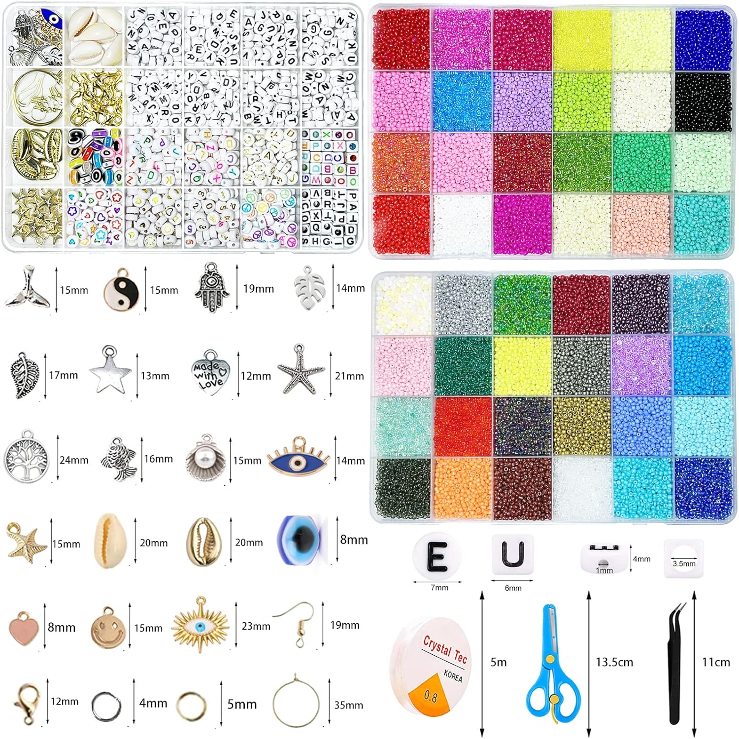36000+pcs 2mm 48 Colors Glass Seed Beads Alphabet Letter Beads for Jewelry Making Kit Bracelets Necklace Ring Making Kits with Elastic String Cords, Tweezers and Accessories DIY Art Craft Kit
