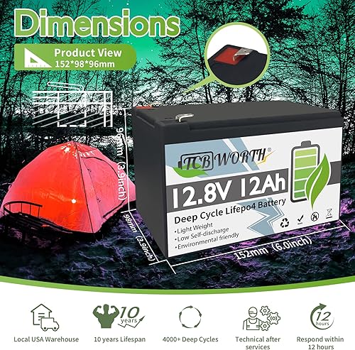 Miniatura 9 de TCBWORTH - Batería de litio LiFePO4 de 12 V y 100 Ah con BMS de 100 A, batería recargable de fosfato de hierro de litio de ciclo profundo, para