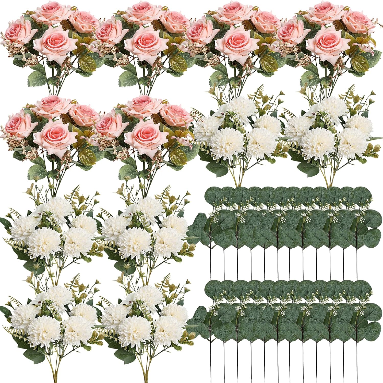 White Pink Artificial Mum Flowers 12 Bundles Silk Chrysanthemum Flowers Fake Roses with Eucalyptus, Realistic Faux Peonies for Vase Arrangement, Home Decor, Wedding Table Centerpiece