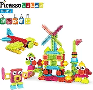 PicassoTiles PTB112 112pcs Bristle Shape Building Blocks Tiles Set Construction Learning Toy Stacking Educational Block, Creativity Beyond Imagination, Inspirational, Recreational, Educational