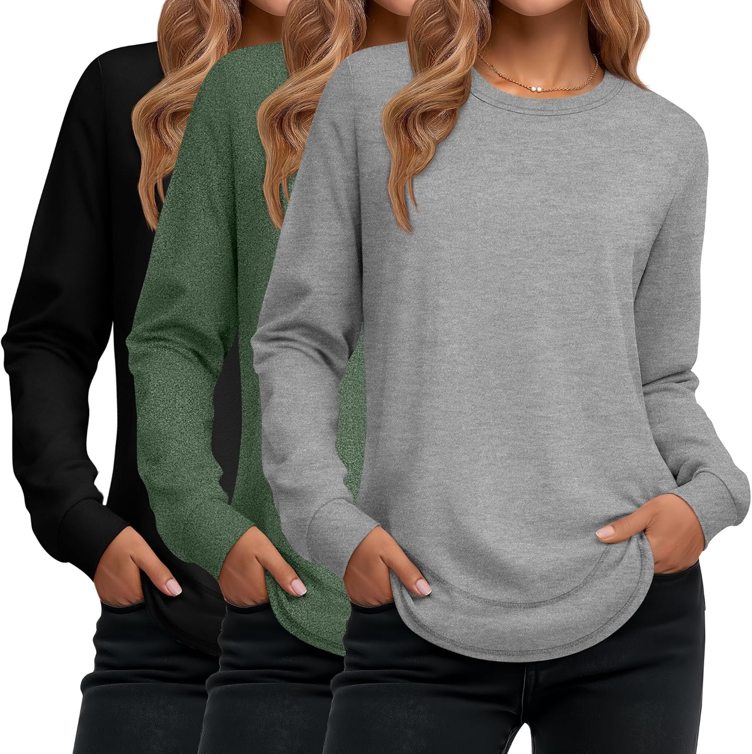 Ficerd 3 Pack Women's Long Sleeve Shirts, Cotton Crew Neck Tunic Tops Casual Loose Fit Pullover Sweatshirts Curved Hem Shirts
