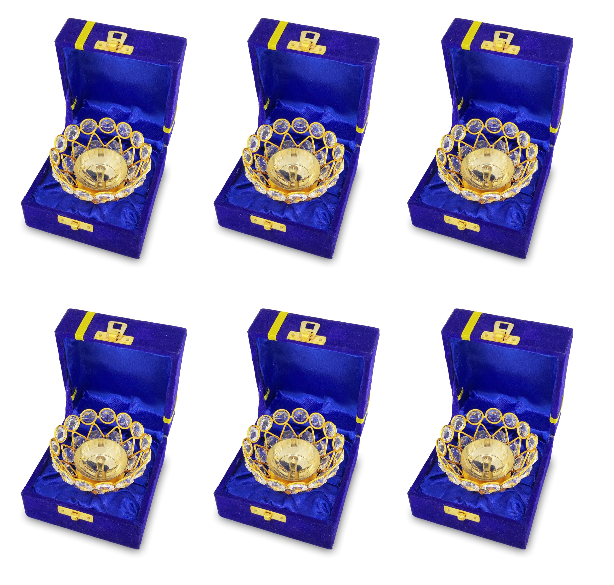 NOBILITY Gold Crystal Diya with Blue Velvet Gift Box Home Decoration Chrystal Piyali Dia Pooja Items Puja Gifts Handmade Oil Lamp Traditional Indian Dhanteras Deepawali Diwali Gift Items 6 Pcs