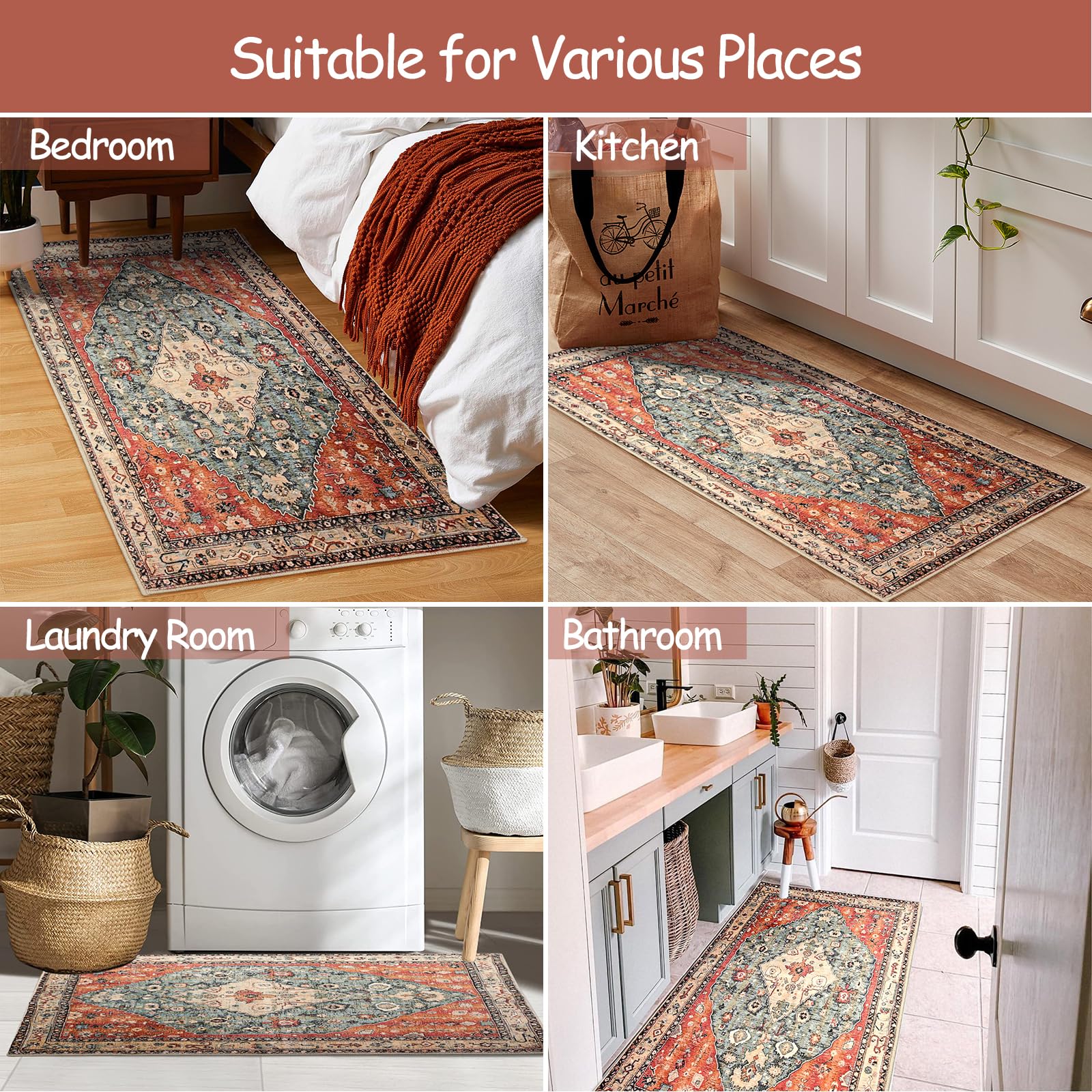 KIMODE Boho Teppich Flur Läufer, 60 x 130cm Waschbarer Klein Kurzflor Schlafzimmer, Weich Kunstwolle Rutschfest Bettvorleger, Vintage Wohnzimmer Esszimmer Rot