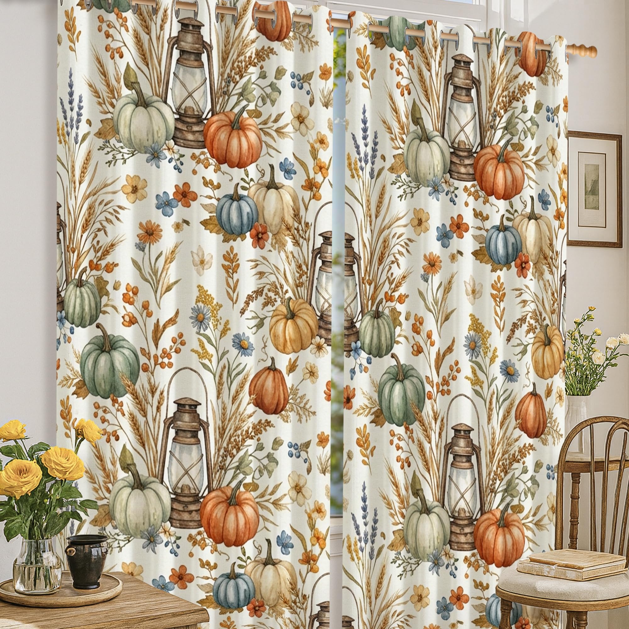 Rideaux occultants citrouilles et motif floral automnal orange 132x183cm