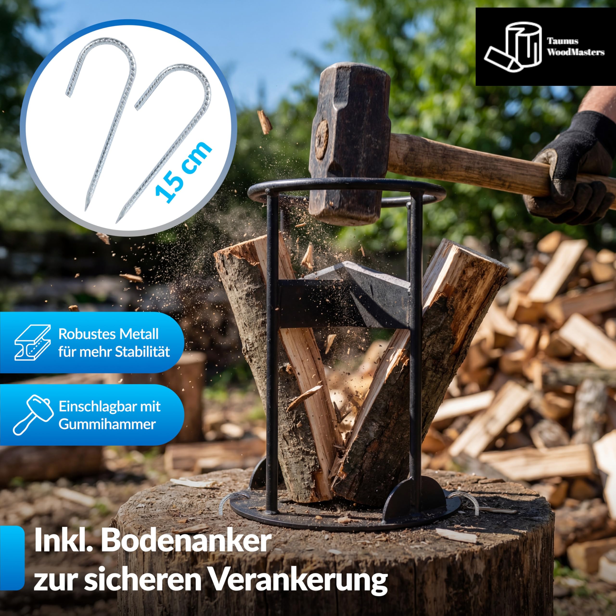 Manuelles Holzspalter Set – Handholzspalter mit Bodenanker, Transportnetz und Schleifstein – Sicher Holz spalten ohne Strom – Taunus Woodmasters