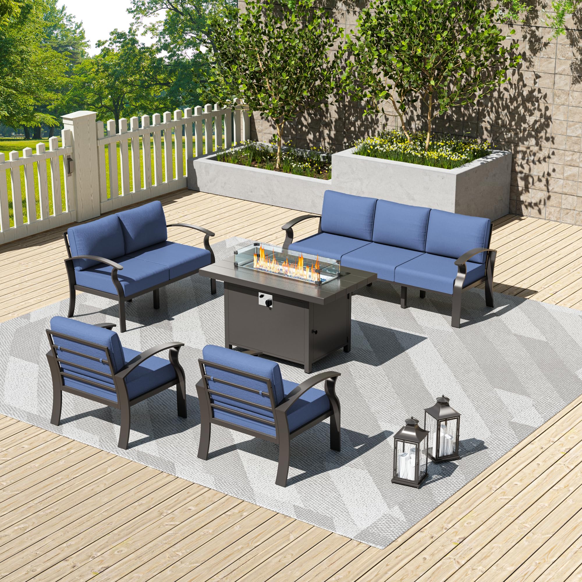 Kullavik Aluminum Patio Furniture Set with Propane Fire Pit Table,7-seat Metal Outdoor Furniture Patio Conversation Set w/5.1" Cushions for Patio,