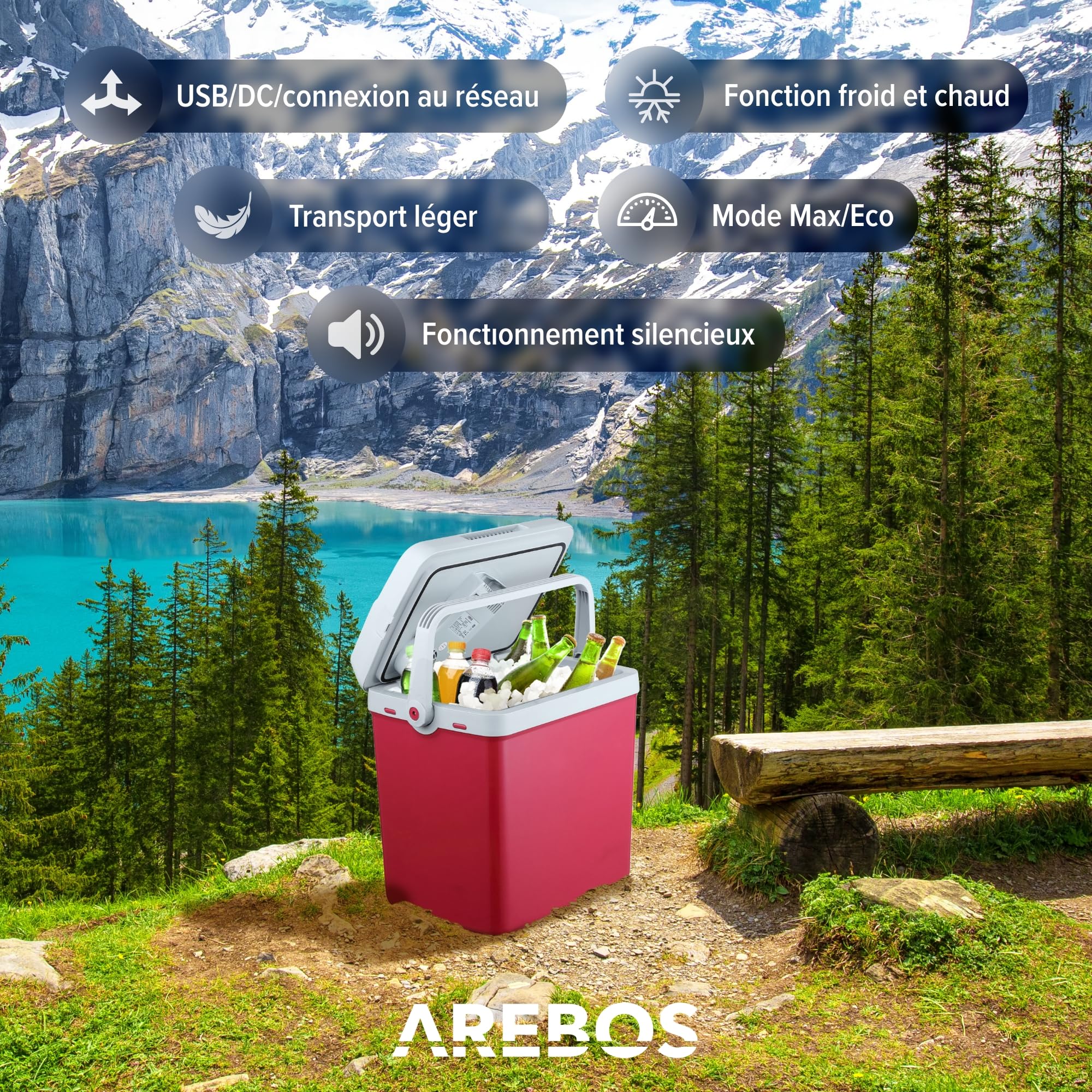 AREBOS Glacières | Boîte réfrigérante | 25 L | Boîte chauffante thermoélectrique | sur Secteur | Mode éco | 12/230 V pour Voiture et Prise de Courant