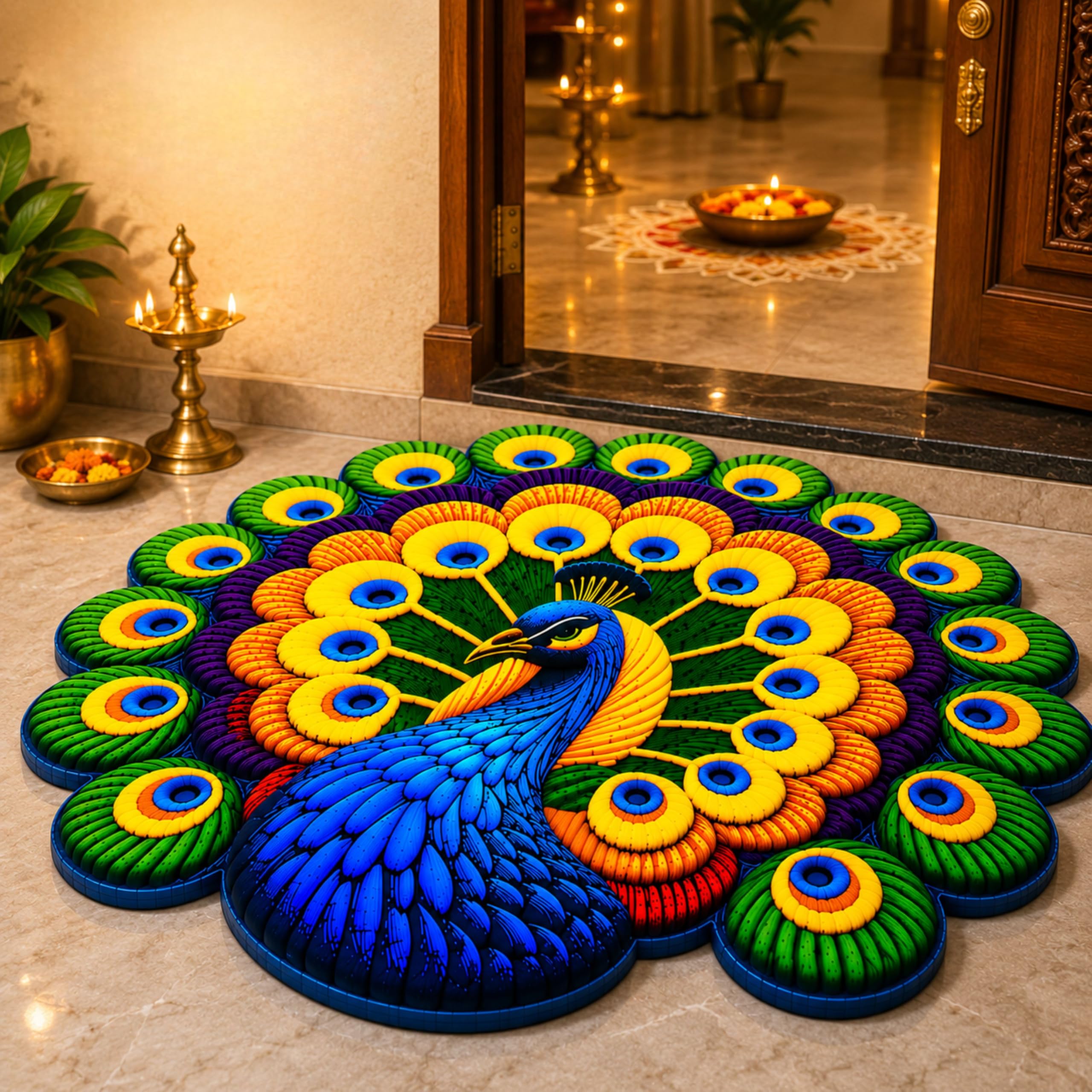 3D Printed Peacock Design Round Floor Mat | Multicolour, 60x60 cm | Water Absorbent with Anti-Slip Rubber Backing-image-26