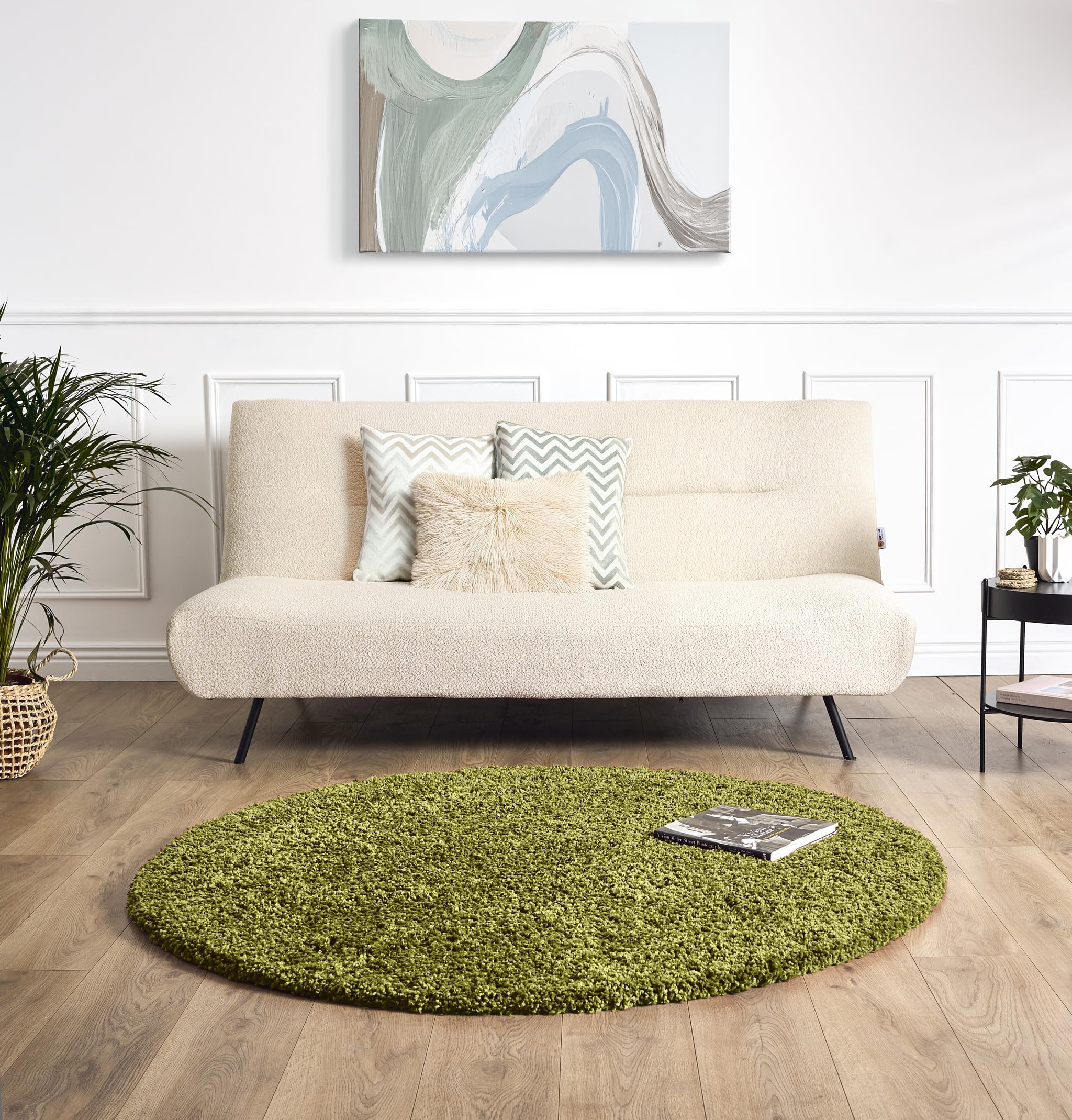 Bravich Round Green Rug 150cm (5') 5cm Pile Green Shaggy Large Circle Thick Fluffy Living Room Hessian Backed Washable — view 2