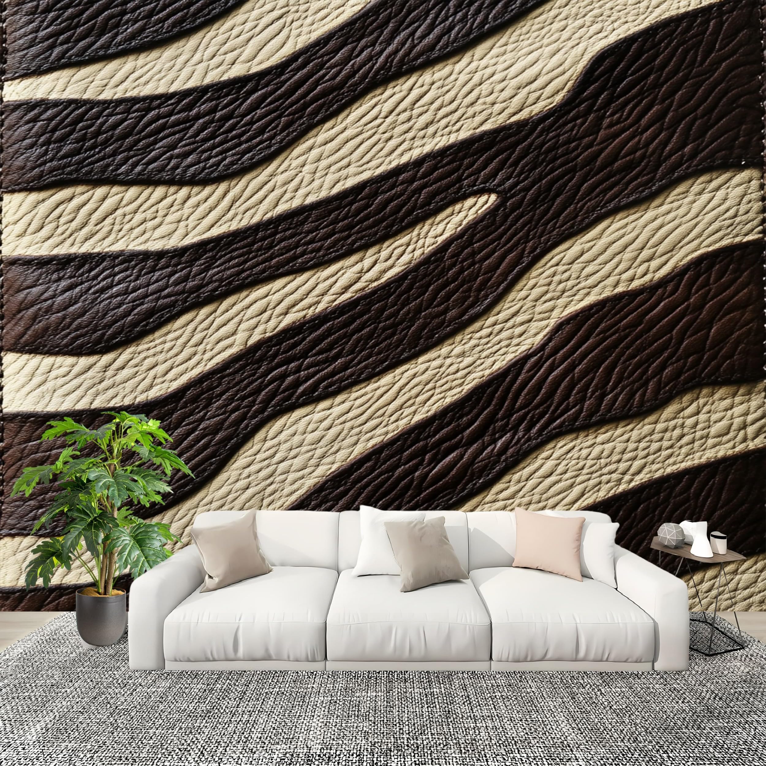 Papier peint panoramique zèbre 3D grand format intissé marron pour mur de salon