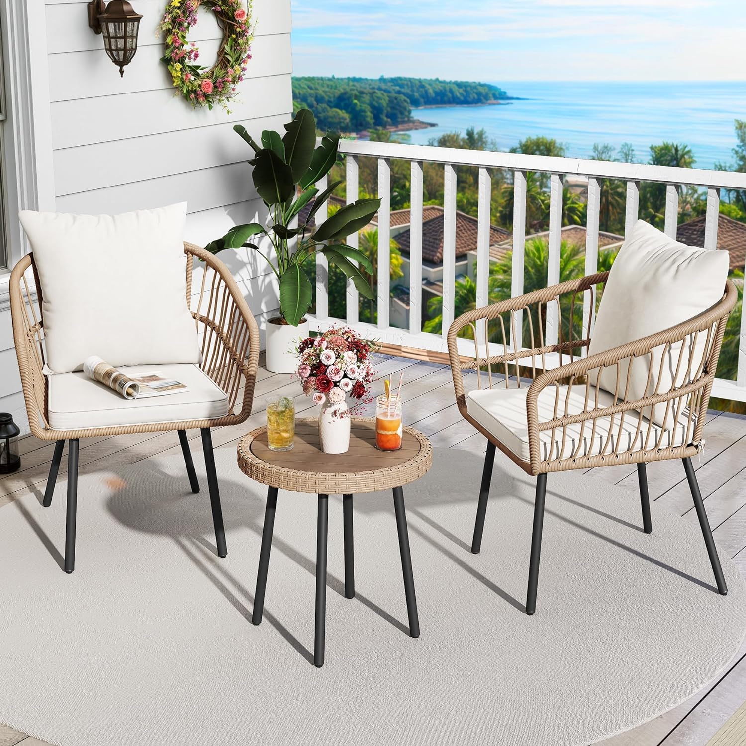 YITAHOME 3 Pieces Outdoor Wicker Patio Conversation Bistro Set, All-Weather Rattan Patio Furniture Set with Table & Cushions, Outdoor Sectional Sofa for Patio, Balcony, Backyard, Deck