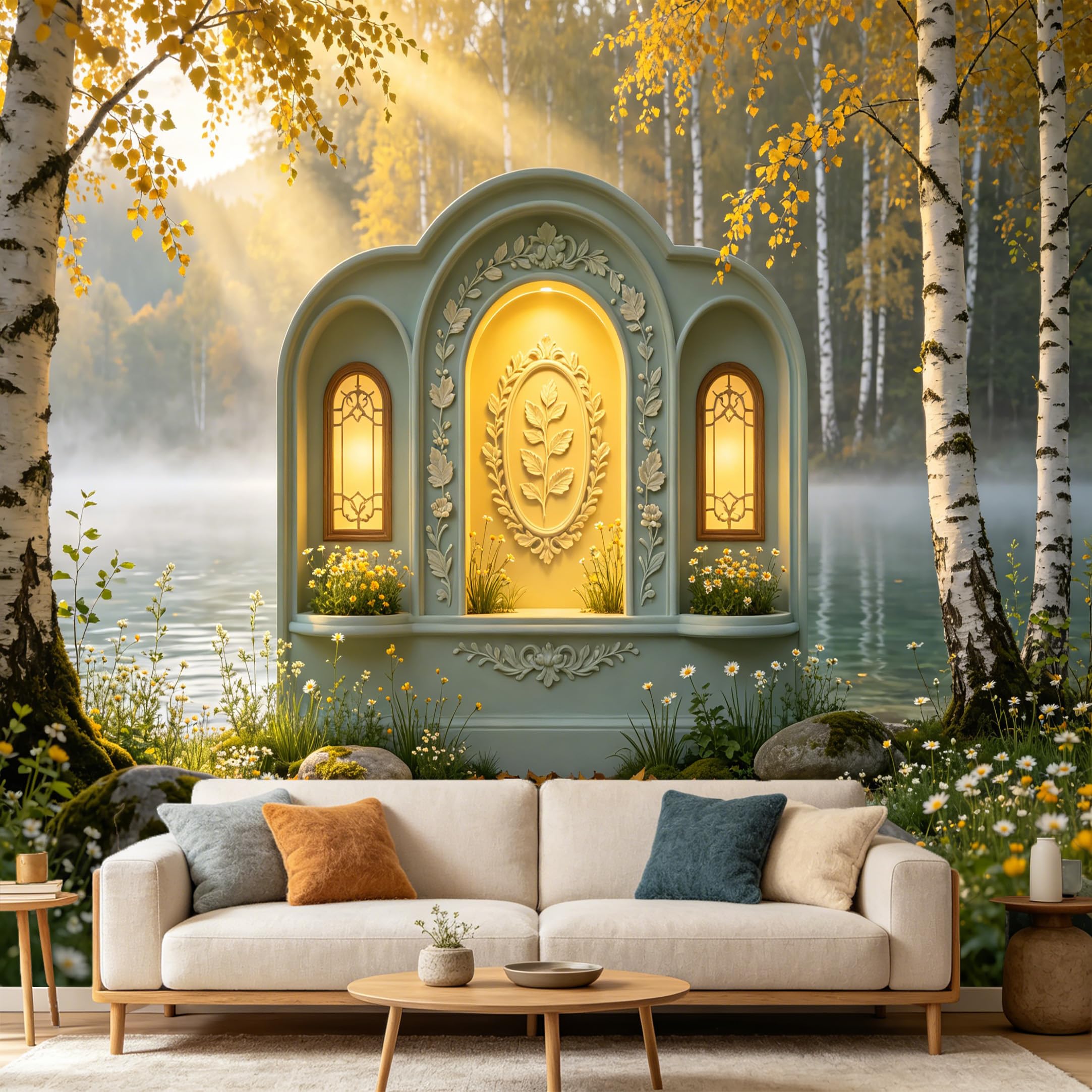 Custom Size Wall Mural， 3D Neoclassical Archway Birch Forest Lake Landscape， SelfAdhesive Art Prints wall Fabric Removable Large Wallpaper Home Living Room Decor