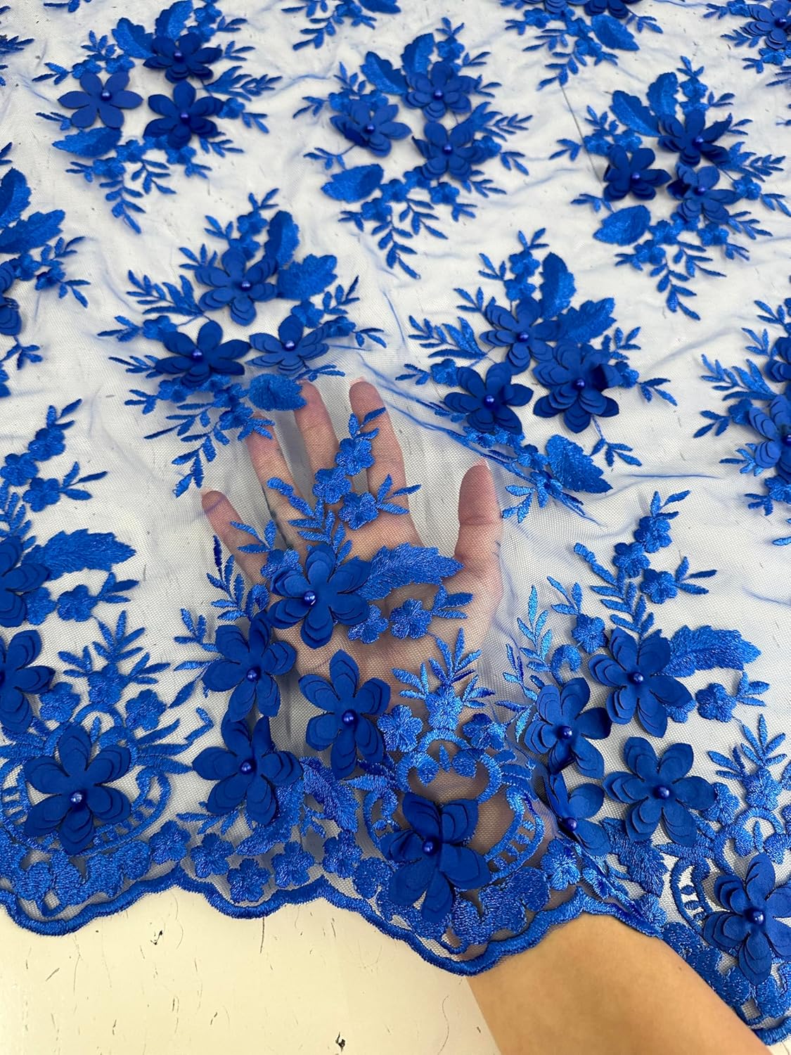 Deluxe 3D Floral Mesh Bridal Lace Fabric - Tear Resistant - 2 Way Stretch Laces Fabric - Scalloped Edges - Polyester Mesh - Apparel, Curtains, or Crafts - Lightweight - 55" Wide - 1 Yard (Royal Blue)
