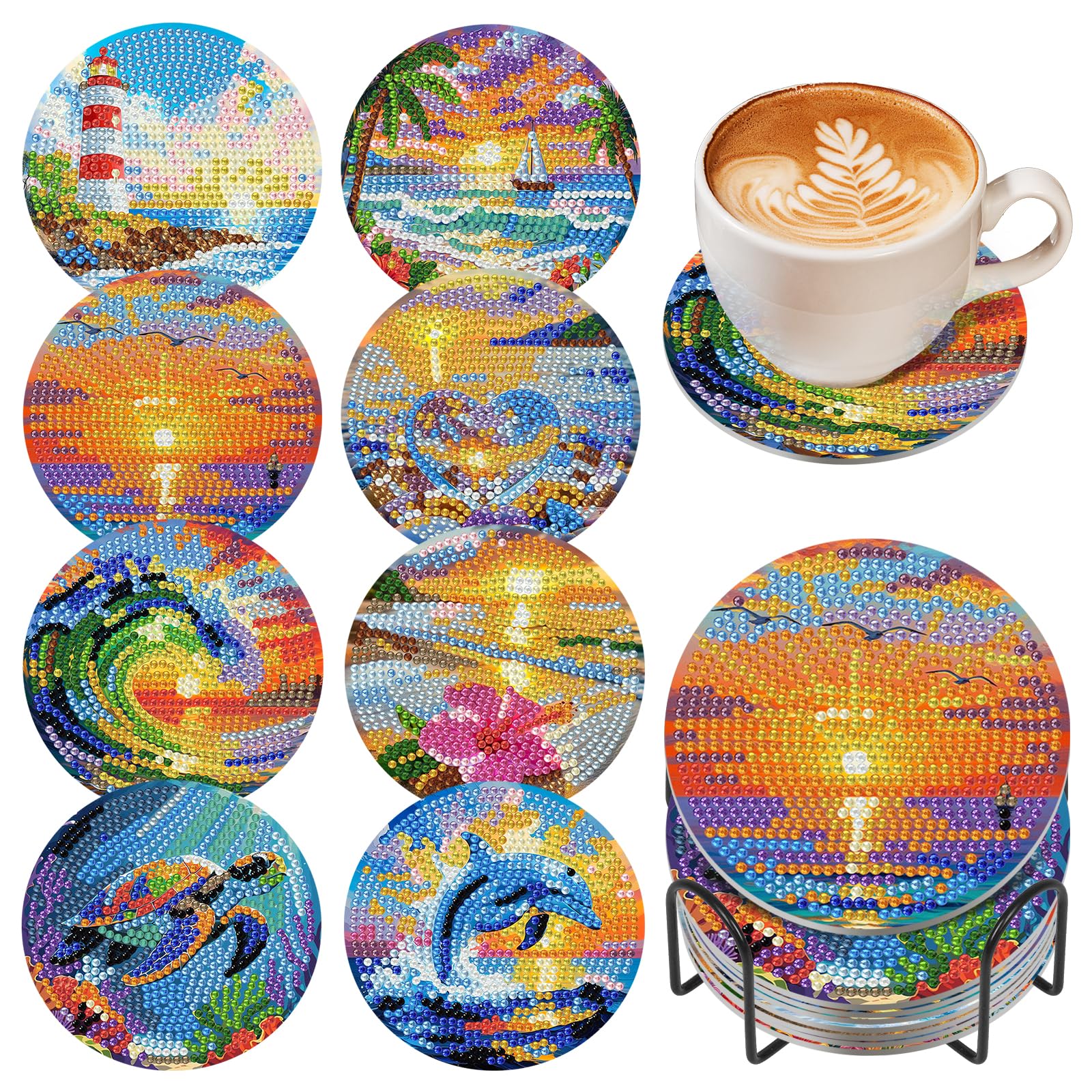 Okarinaart Hmbduk-26305 8 Pcs Beach Diamond Art Coasters Set With Holder, 5D Diy Sea Ocean Diamond Painting Coasters Kits For Adults, Non Slip Coaster Gem Art Crafts Supplies