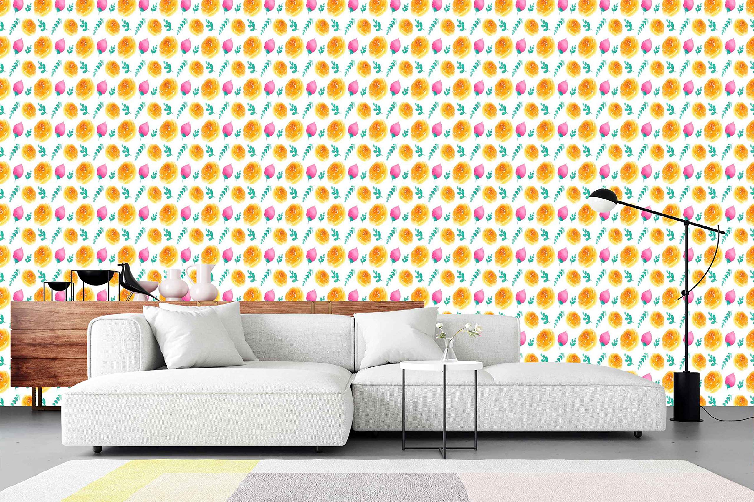 Buy Avikalp SelfAdhesive ARW0624 Pink Orange Flowers Blue Leaves White