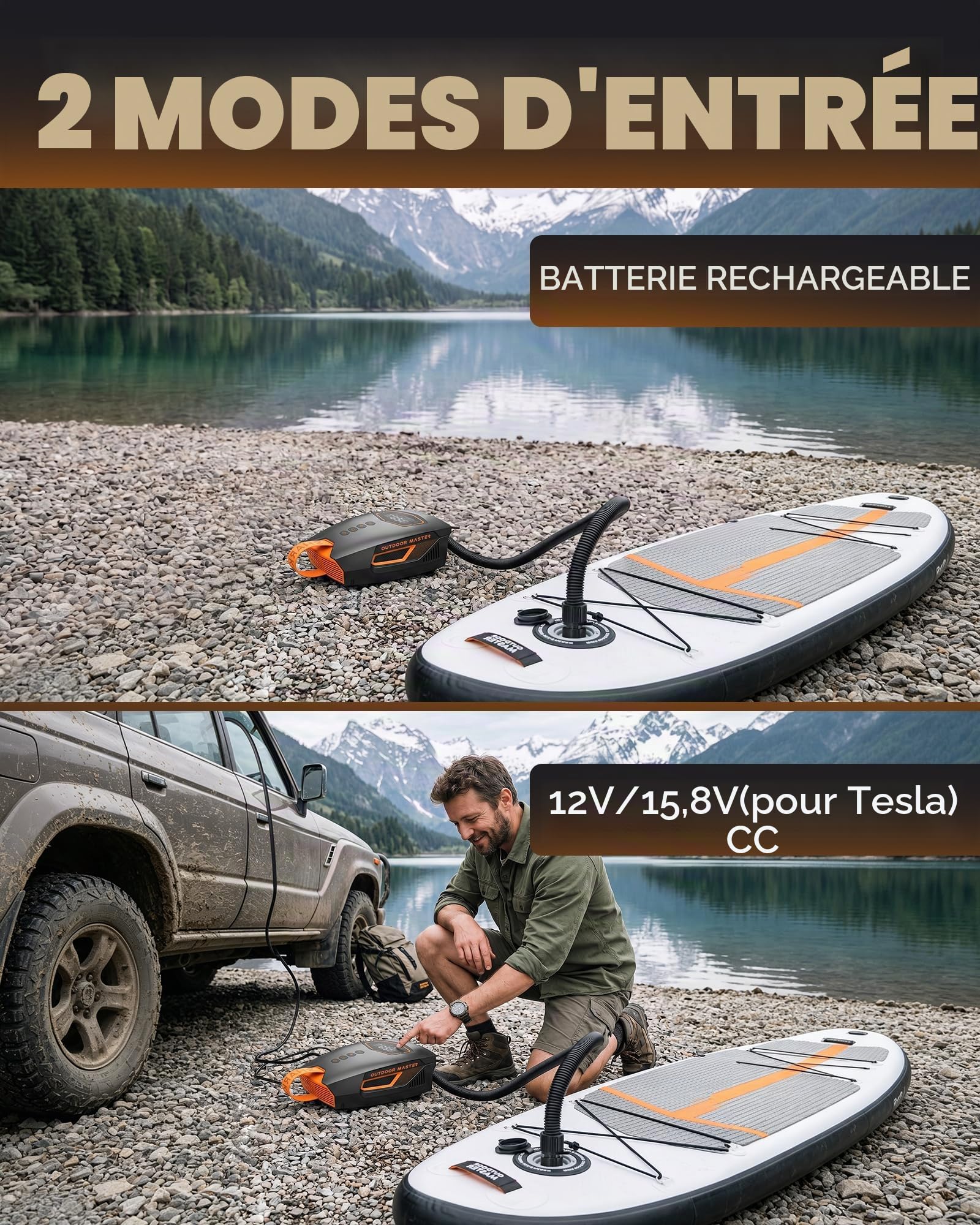 OutdoorMaster Shark 3 Mini 74Wh Pompe Sup Électrique Portable, Gonflage Rapide 5'30", Pompe Rechargeable Paddle Board, Arrêt Automatique & Dégonflage, 20 PSI, 12V/15,8V DC & USB-C, 8 Embouts