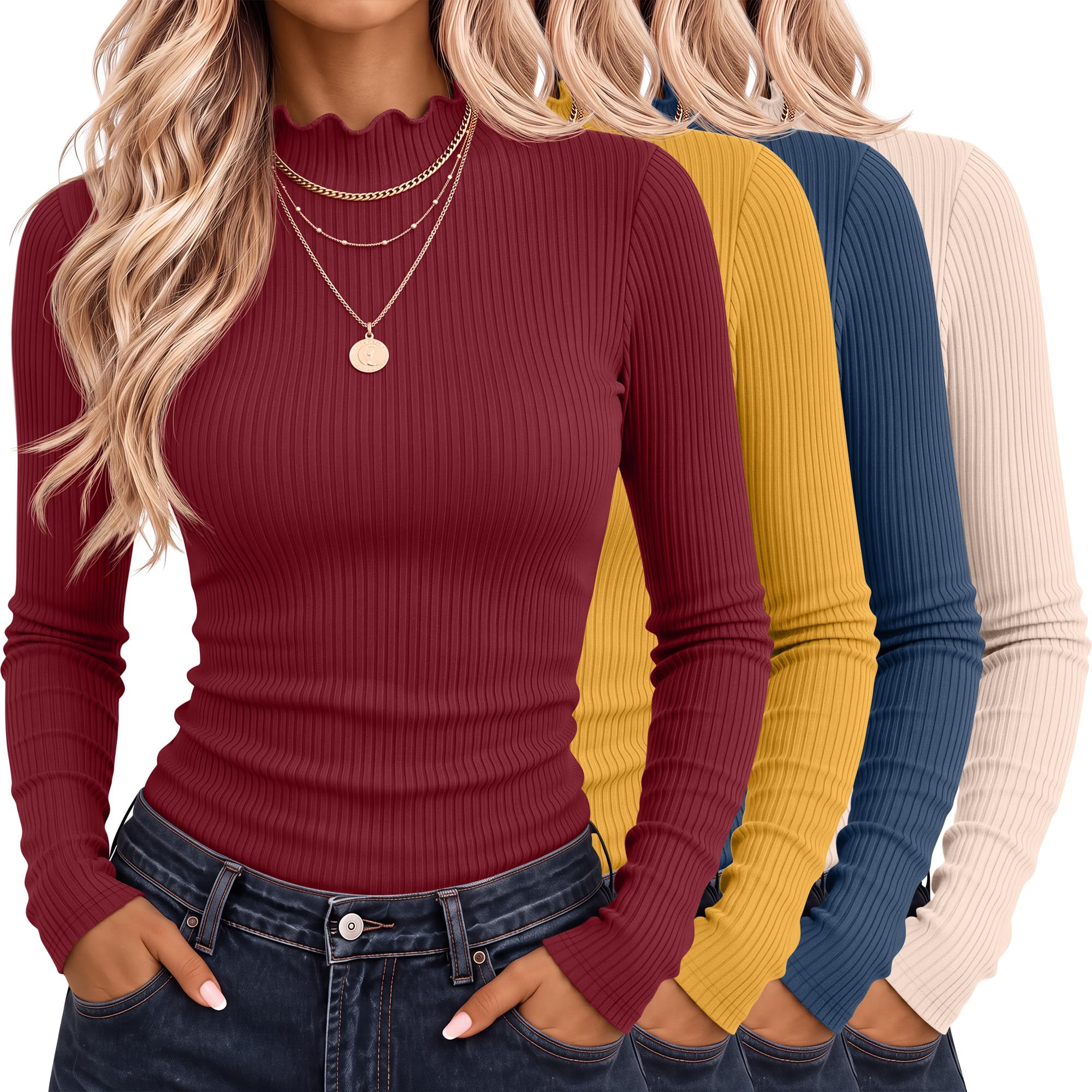 Riyiper 4 Pack Womens Cotton Mockneck Ribbed Long Sleeve Tops