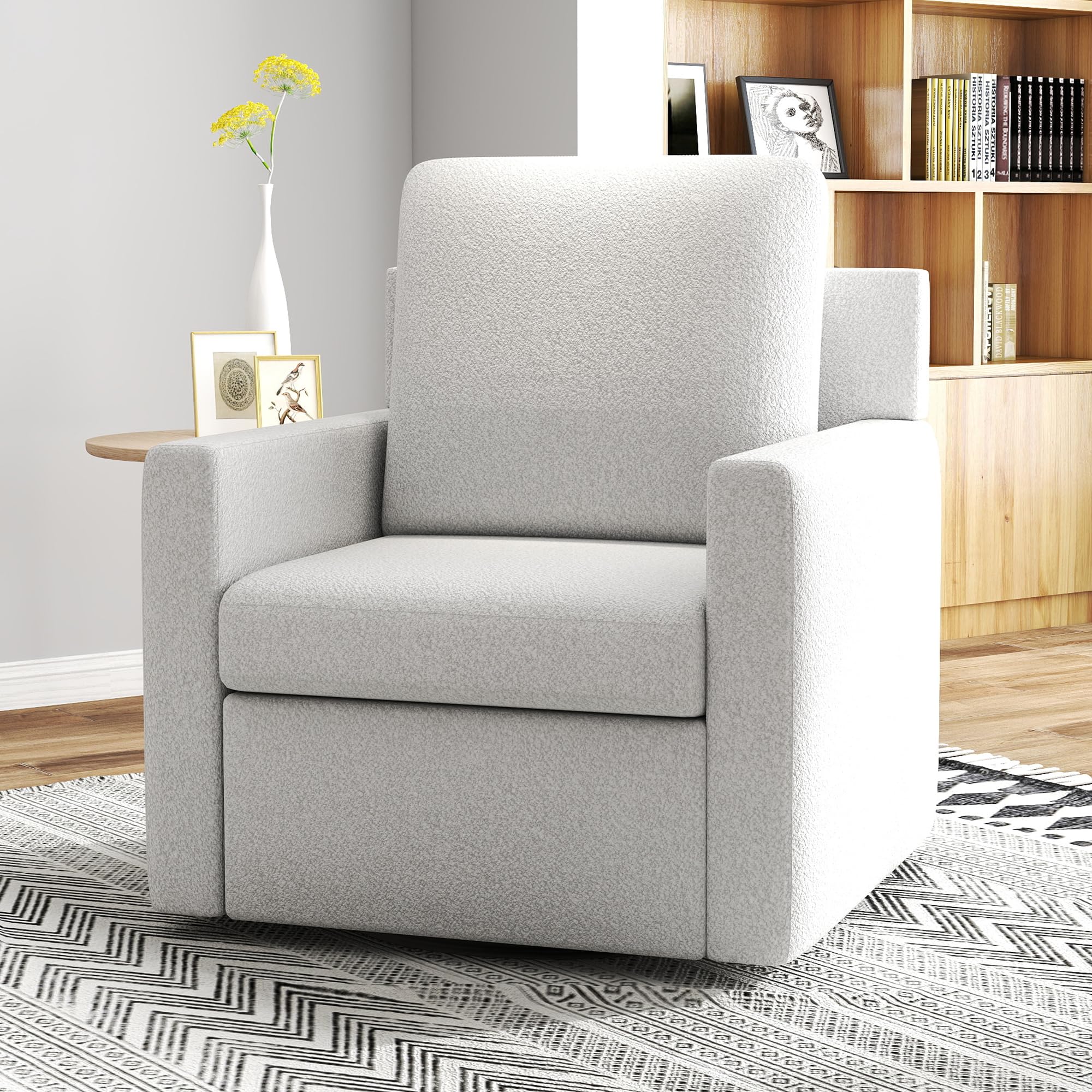 LSSBOUGHT Furry Swivel Chair Comfy Teddy Accent Armchair Cozy Fuzzy Boucle Club Chair Snug Fluffy Soft Padded Single Sofa with Pillow and Cushion for