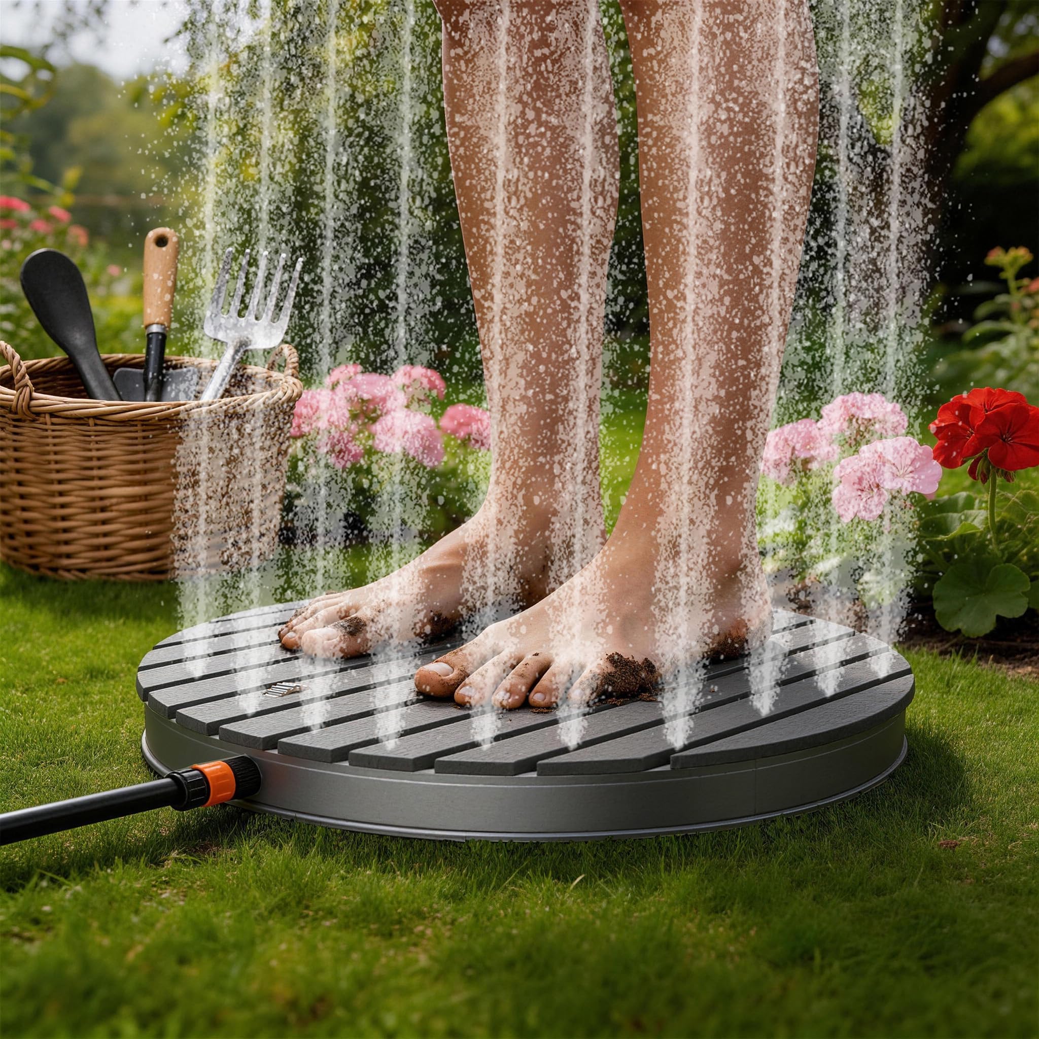 AufuN Gartendusche Aussendusche aus WPC/Aluminium, Mobile Bodendusche Campingdusche mit rutschfeste Standfläche Saunadusche (Runden, Anthrazit)