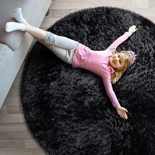 Signature Loom Fluffy Shaggy Area Rug 6 Foot Round – Soft Fuzzy Velvet Rugs for Girls Bedroom – Shaggy Carpet for Kids Room Non-Slip Bottom – Soft Fluffy Throw Rug Indoor Living Room Carpet, Black
