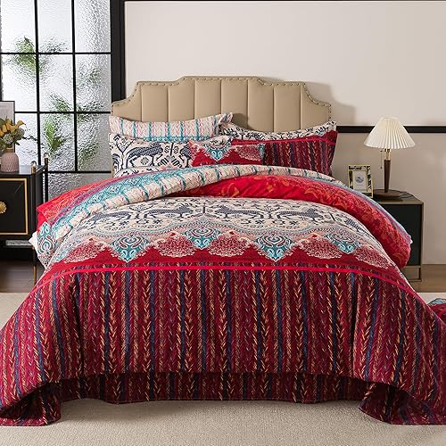 Miniatura 2 de FADFAY Juego de funda de edredón exótica bohemia, tamaño Queen, 100% algodón cepillado, suave, bohemio, estampado étnico, colorido, reversible, con