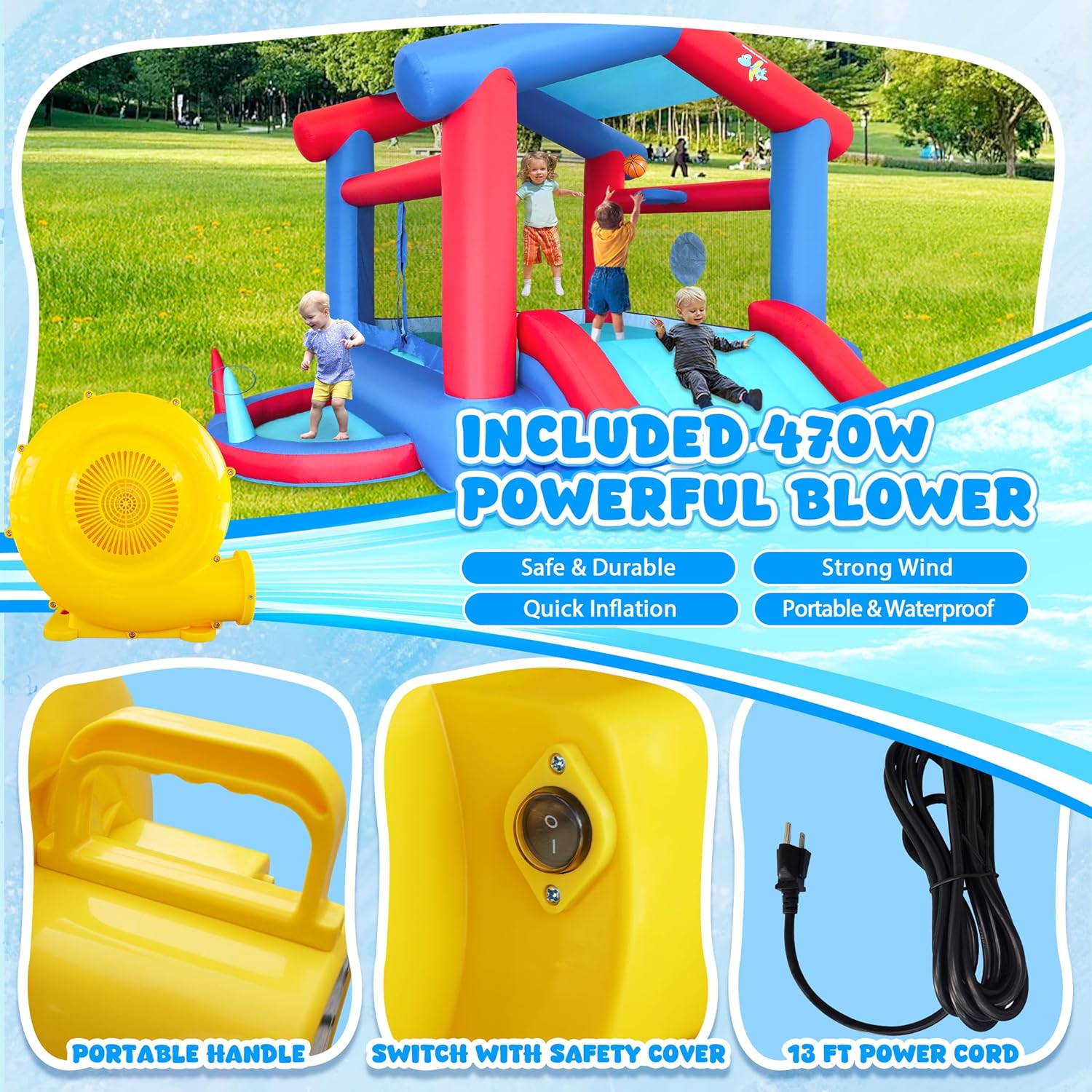 Bounce House, Inflatable Bouncy Castle with Blower for 4 Kids, 143 x 142 x 99 inch, 7 in 1 Jumping Bouncer with Slide, Ball Pit, Basketball