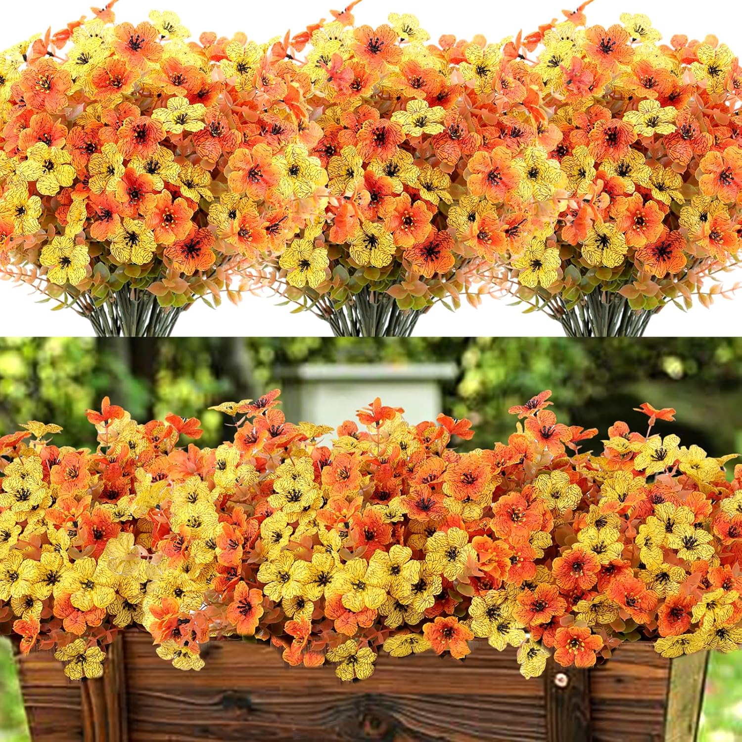 jabeick 20 Bundles Artificial Fake Mums Flowers for Outdoor Faux Silk Orange Yellow Daisy Realistic UV Resistant No Fade Fake Plants Flowers for Planter Porch Patio Indoor Thanksgiving Decor