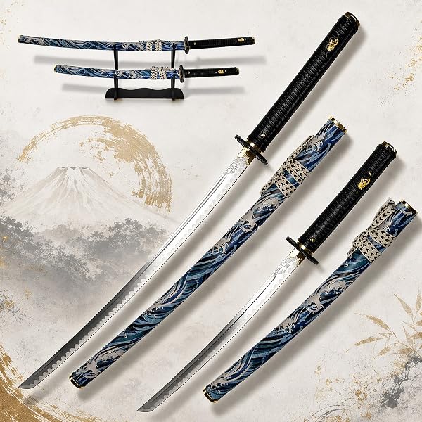 Ghost of Yōtei Daisho Schwert-Set The Wolf's Daisho | Katana & Wakizashi aus 1045 Karbonstahl | Samurai Dual-Wielding Schwerter | Inkl. Doppelständer & Holz-Scheiden