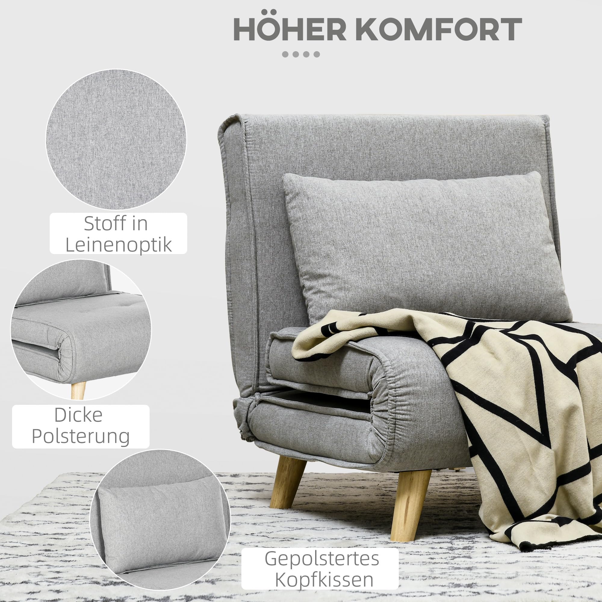 HOMCOM 3 in 1 Schlafsessel Klappbar Schlafsofa mit Bettfunktion Verstellbare Rückenlehne Kissen Gästebett Leinenoptik Relaxsessel 72 x 78 x 79 cm Hellgrau