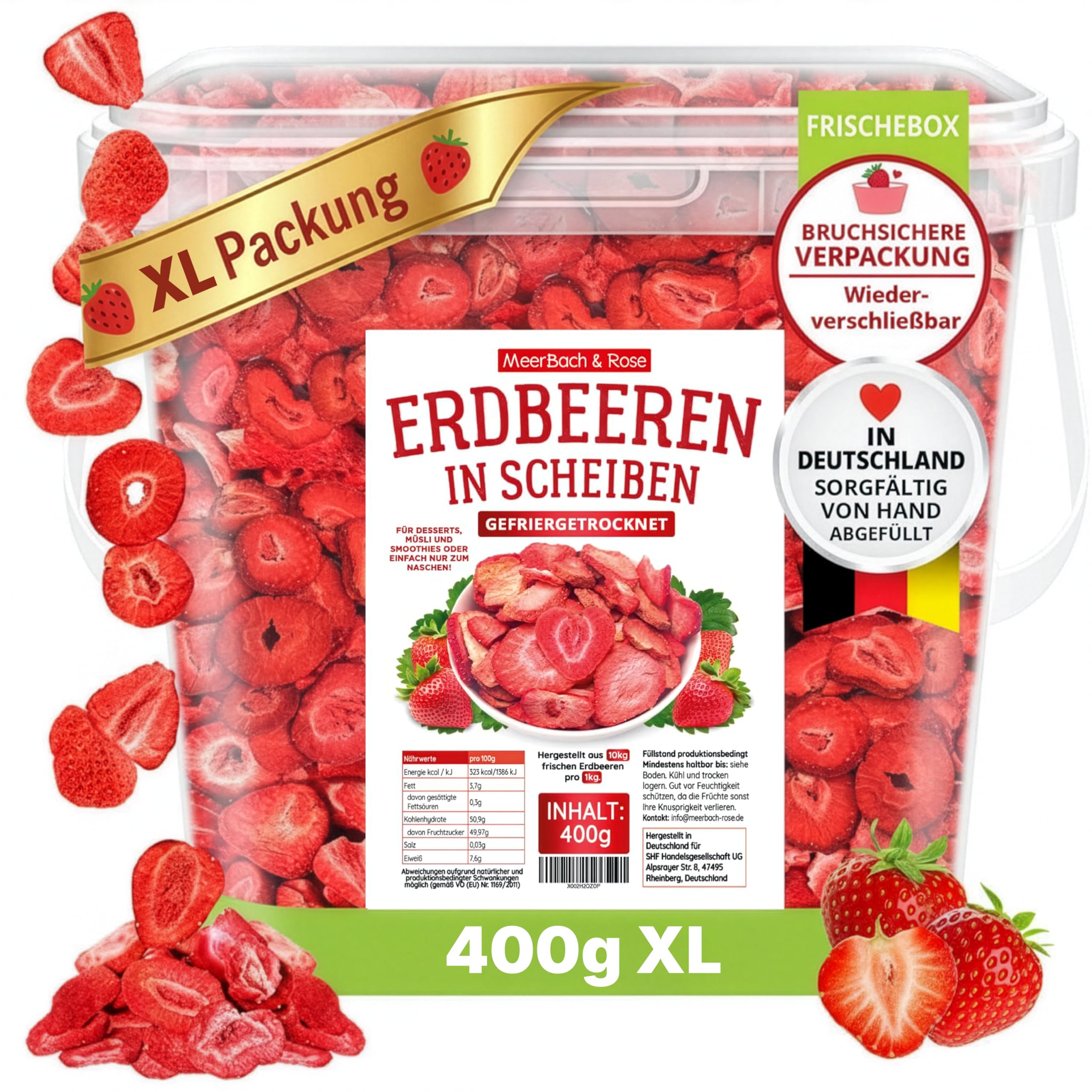 Gefriergetrocknete Erdbeeren 400g – 100% Frucht, ohne Zuckerzusatz – knusprige Erdbeerchips in SCHEIBEN – ideal für Müsli, Smoothie & Backen. Meerbach & Rose – Premium Qualität aus Deutschland.