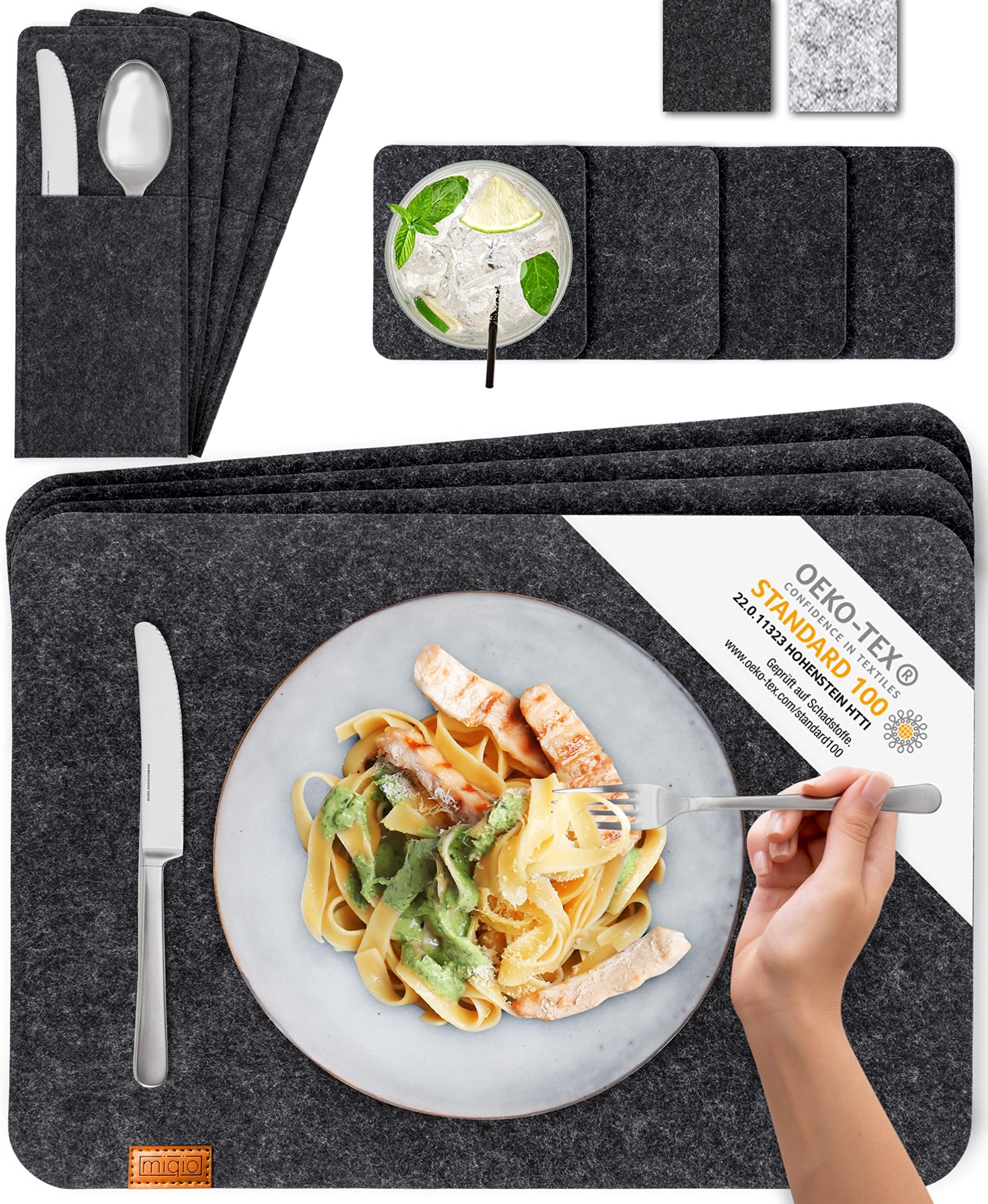 MIQIOﾮ Scandi Style Felt Place Mats with real Leather Label - Washable | Set of 4 Felt Placemats 44x30 cm, Cuttlery Bags, Glass Coasters | Table Mats for Easter Table Decoration | Dark Grey