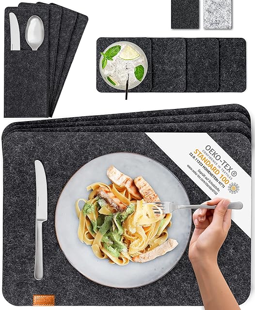 MIQIO Scandi Style Felt Place Mats with real Leather Label - Washable | Set of 4 Felt Placemats 44x30 cm, Cuttlery Bags, Glass Coasters | Table Mats for Easter Table Decoration | Dark Grey