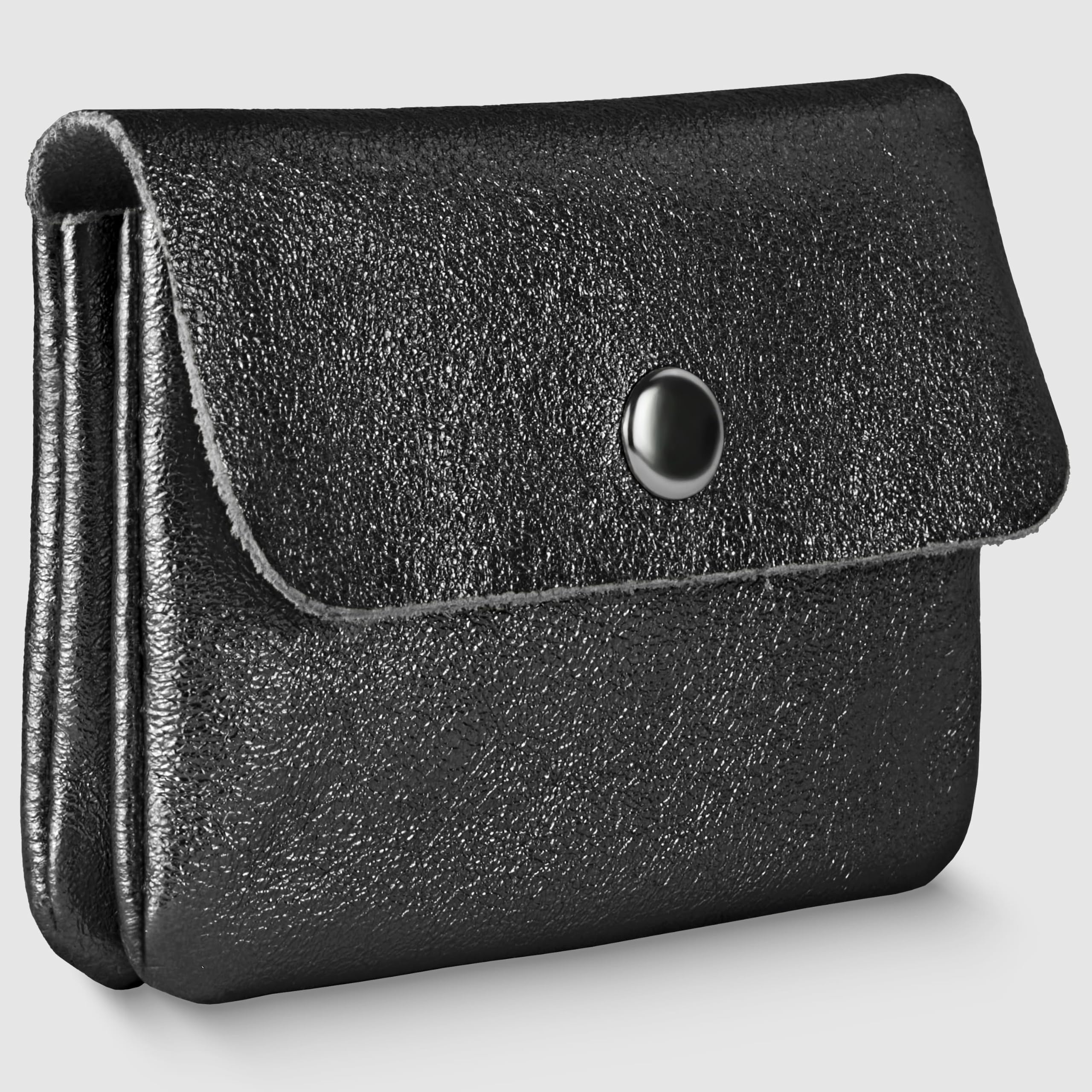Cartera italiana de gamuza metálica auténtica para mujer con cierre a presión y cremallera, pequeña funda para tarjetas de noche de diseño, Negro, Small, Cartera rectangular compacta con