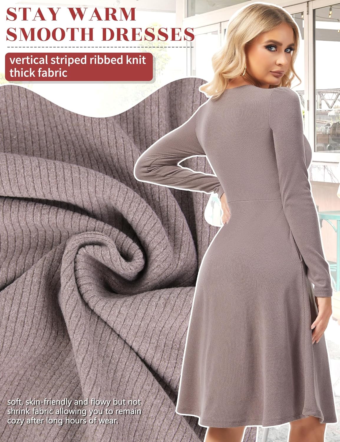 SLIMBELLE Womens Built in Bra Casual Dress with Pockets Square Neck Long Sleeve High Waist A Line Fall Dresses - Image 4