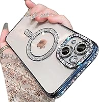 Vista 9 de Funda magnética con purpurina para iPhone 15 Plus [compatible con MagSafe] protector de lente de cámara con diamantes de imitación brillantes