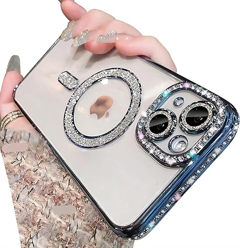 Miniatura 9 de Funda magnética con purpurina para iPhone 15 Plus [compatible con MagSafe] protector de lente de cámara con diamantes de imitación brillantes,
