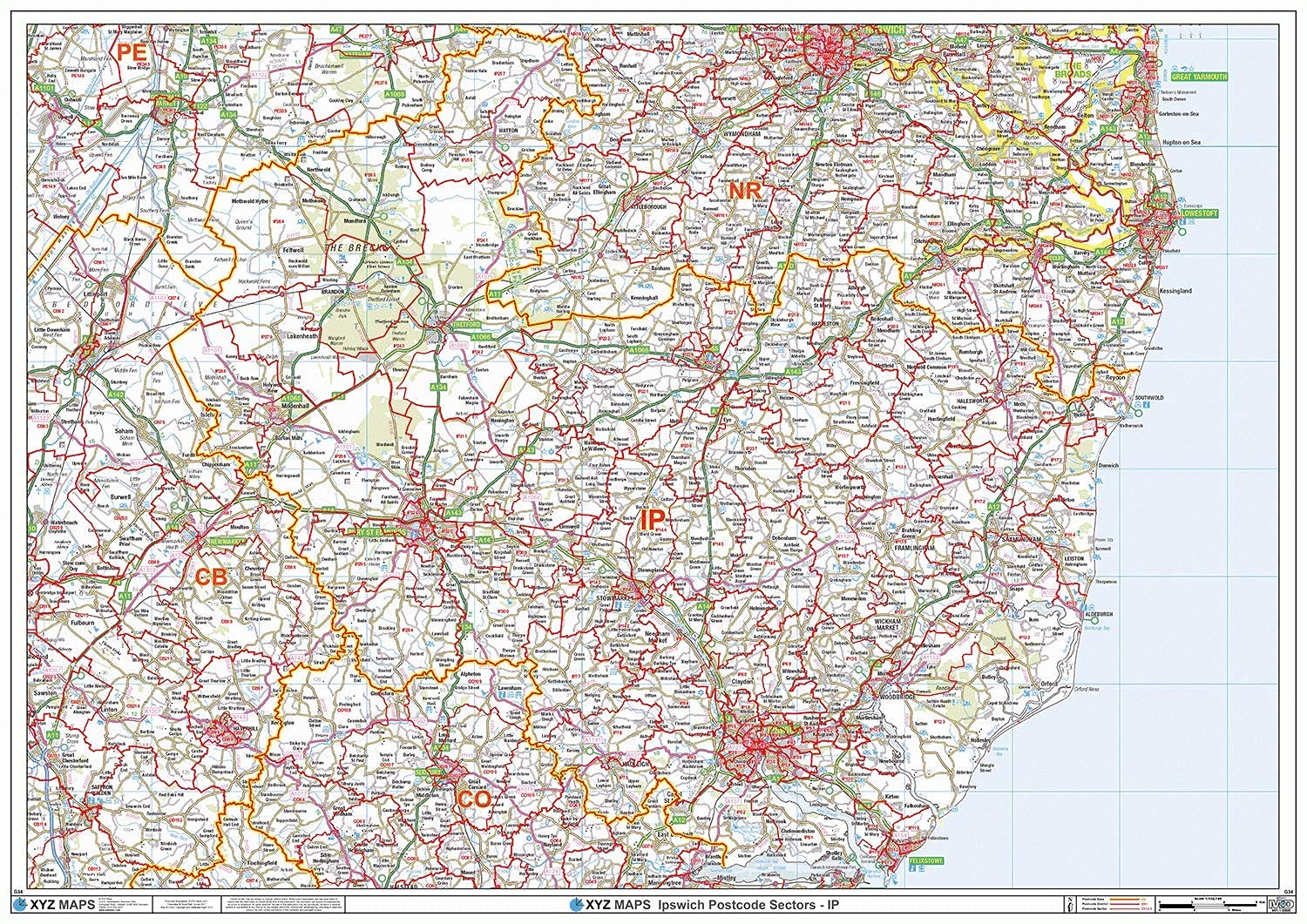 Ipswich - IP - Postcode Wall Map - Plastic Coated