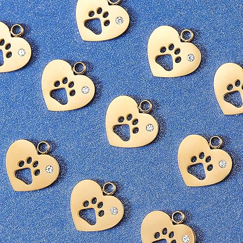 Miniatura 5 de Airssory 10 piezas de corazón de acero inoxidable chapado en oro con perro gato cachorro huella huella huella impresa mascota encantos con cristal
