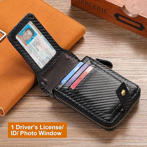 Miniatura 9 de GOIACII Billetera plegable de piel auténtica con bloqueo RFID y bolsillo para monedas con cremallera para ventana de identificación Coffee s Cartera
