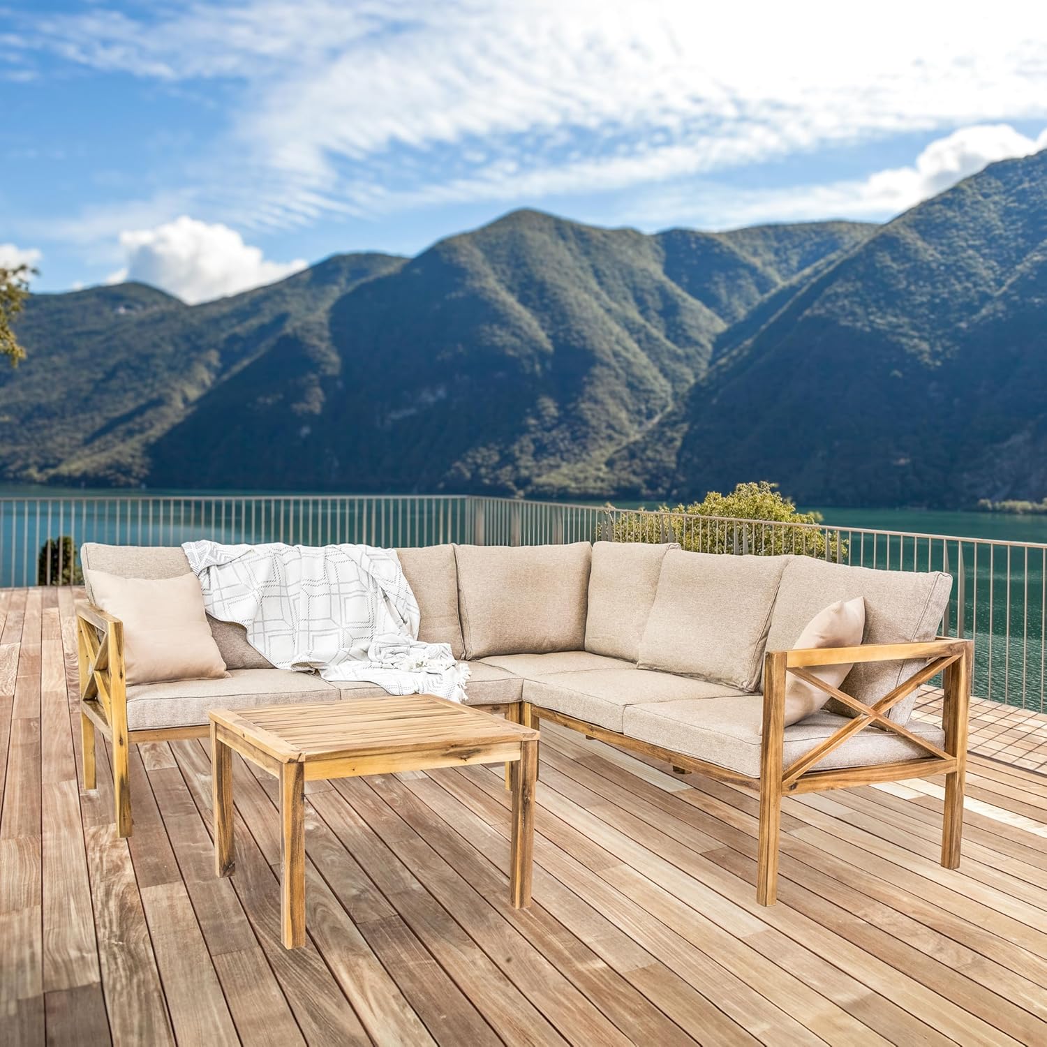 Sunnydaze 4-Piece Acacia Wood Patio Furniture Set - Edisto Outdoor Conversation Set - Wood Outdoor Furniture - Light Brown