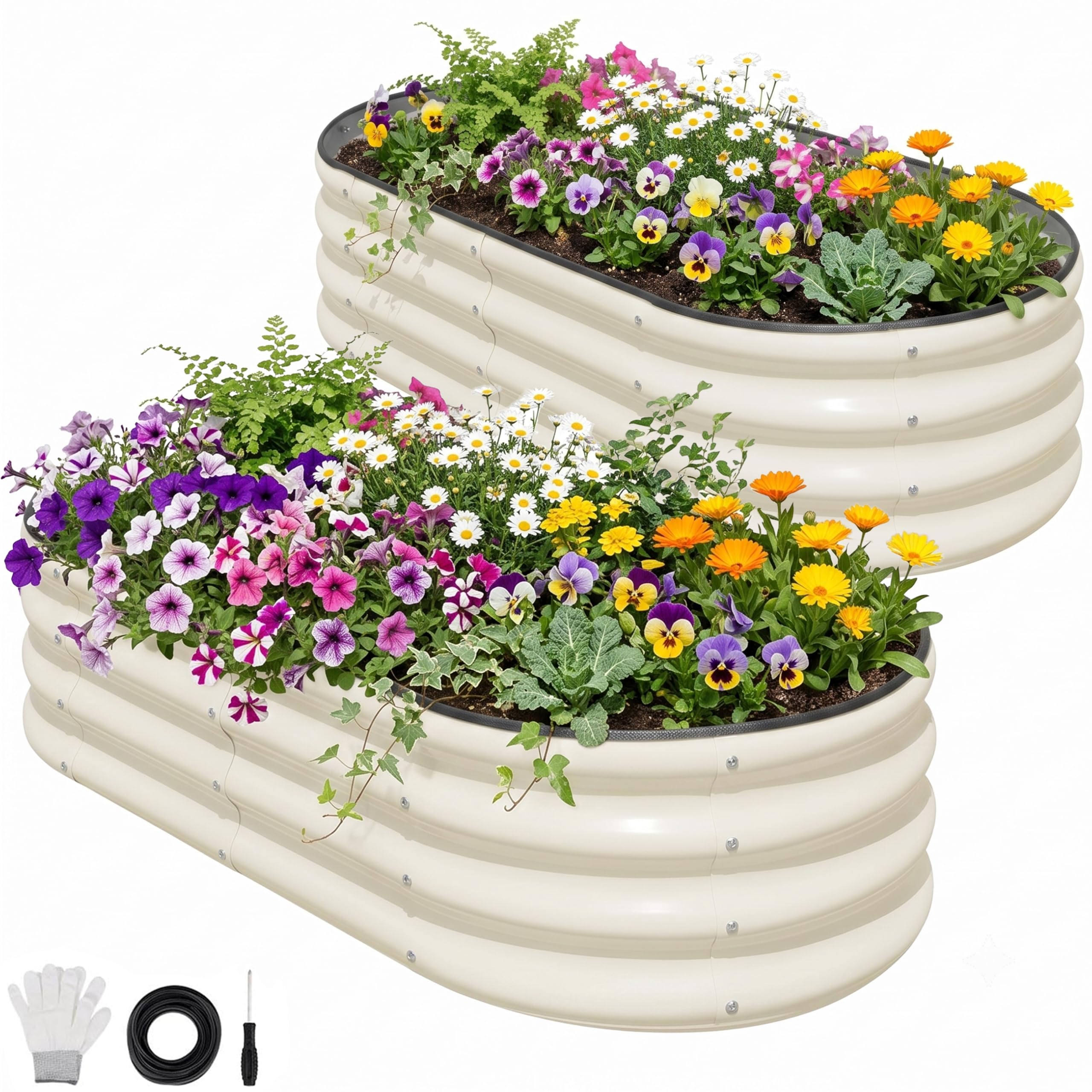 SnugNiture Steel Raised Garden Bed, 2Pcs 120×60×30CM Large Oval Galvanized Metal Planter Box Outdoor for Growing Vegetables, Flowers and Herbs, White