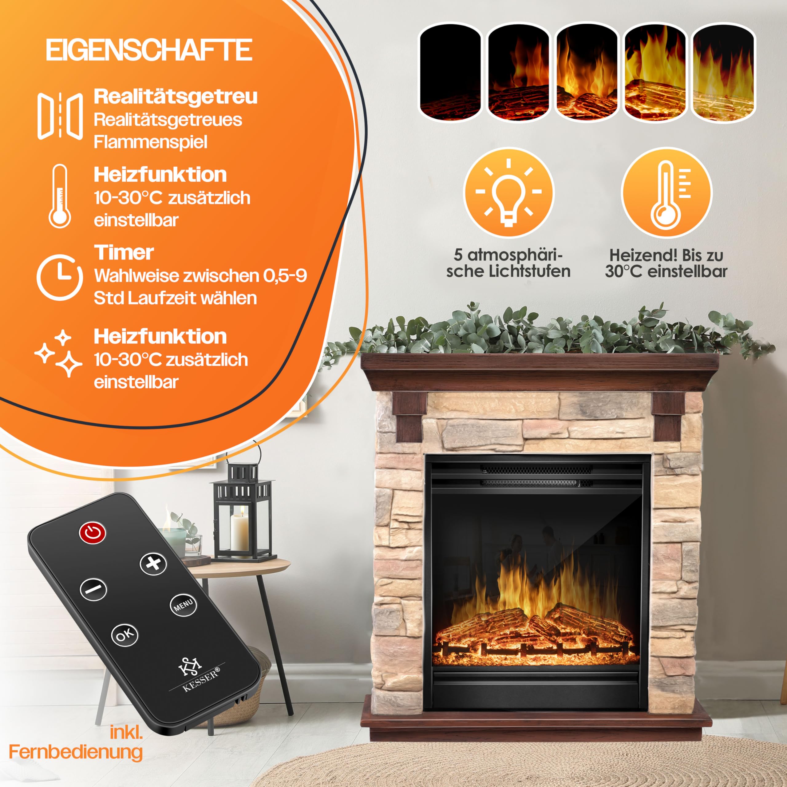KESSER® Chimenea eléctrica - Chimenea eléctrica con Efecto de Llama LED 3D, con función de calefacción, Chimenea eléctrica con 1800W de Potencia, Temporizador semanal, Natural/Marrón
