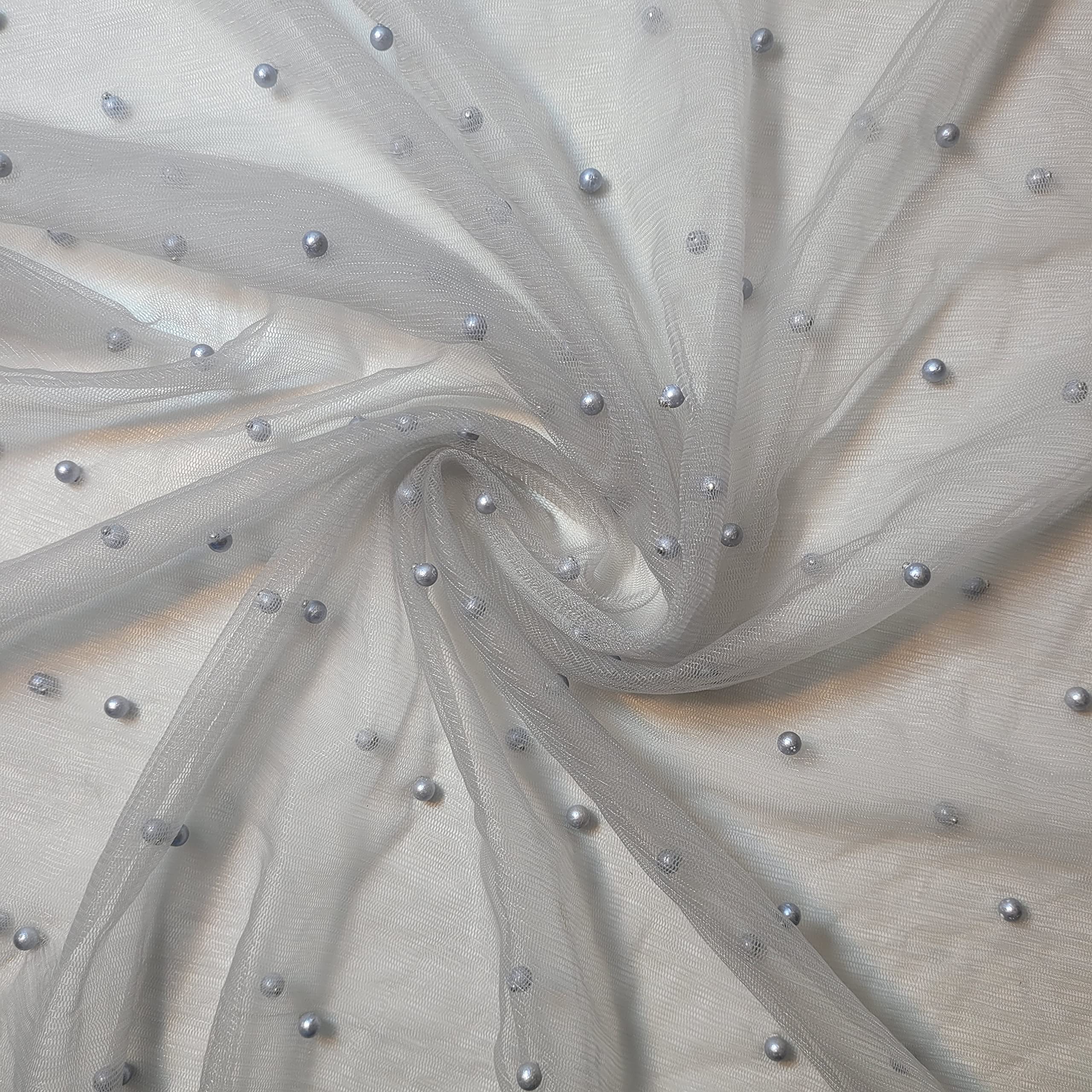 Textile Station 58" Wide Tulle Beaded Pearl Lace Net Fabric Bridal Veil Wedding Backdrop Décor Available in 25 Colours (Col #73, 2 METER) — image 1