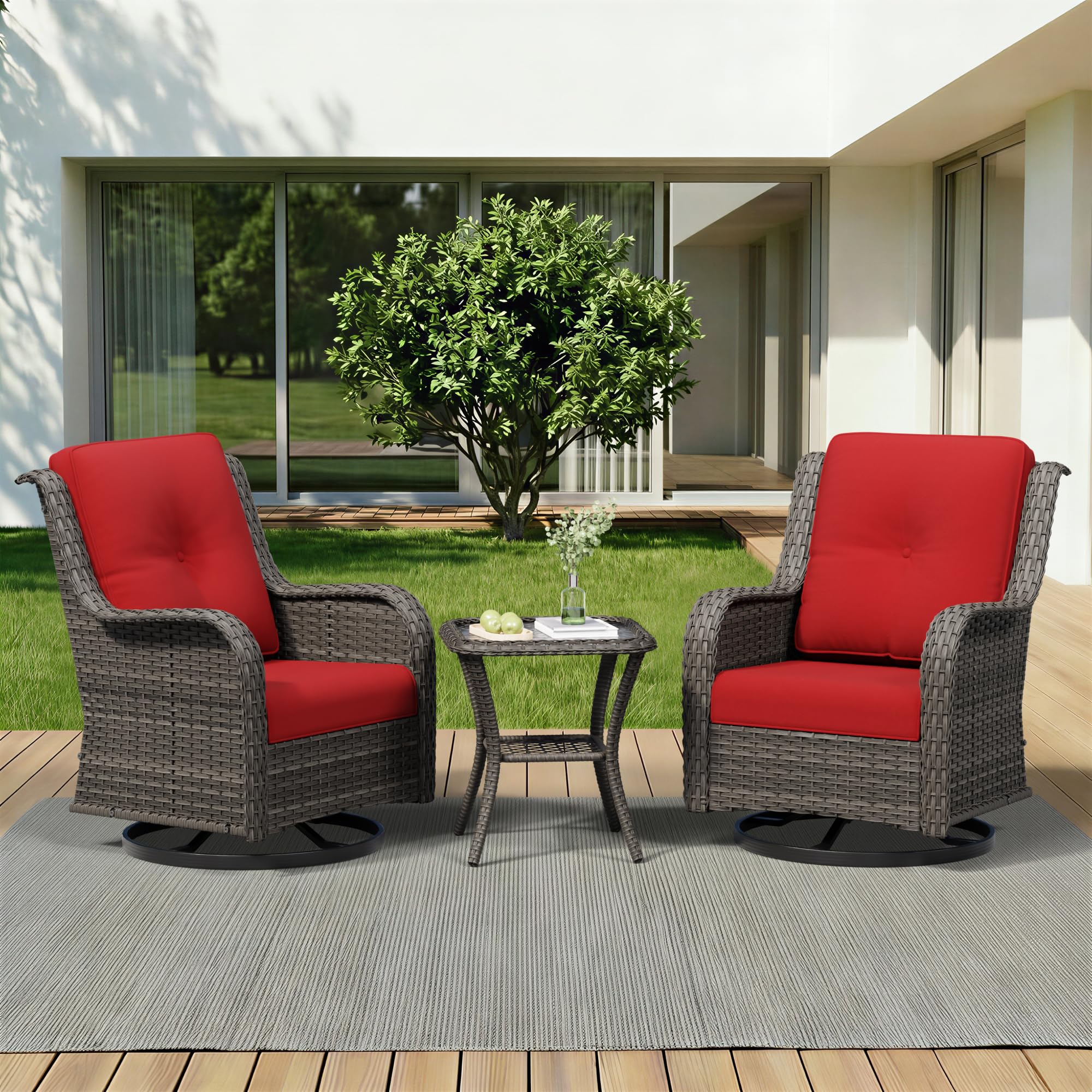 3 Piece Outdoor Wicker Patio Furniture Set, Swivel Rocker Patio Chairs Set with Thickened Olefin Cushions, High Back and Deep Seating, Hand-Woven PE Rattan for Porch, Deck