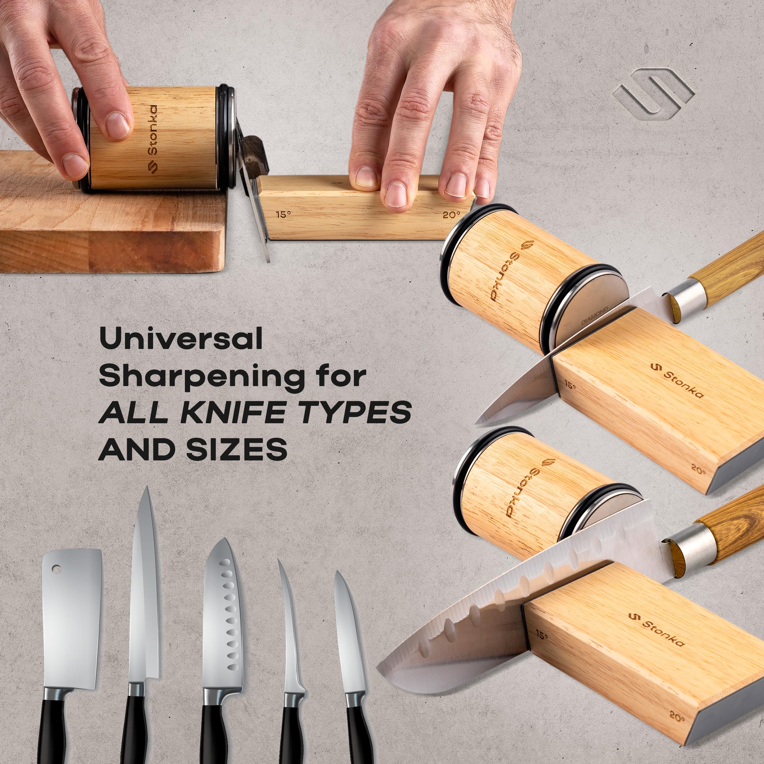 Stonka Oak Rolling Knife Sharpener Kit – Dual-Grit Diamond Wheels Kit (400/1000), Easy to Use Knife Sharpener Roller with Magnetic Holder with 15° & 20°, Leather Strap